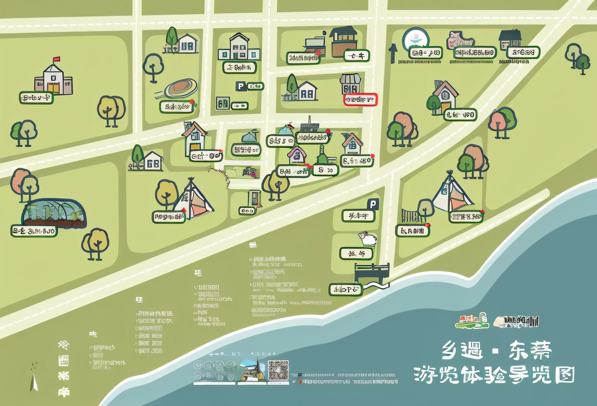 City map with many buildings and trees, Tourist map, Detailed map, Game map, city map, residential neighborhoods, down view, layout of map, Very detailed map, Mapa, a park, isometric drawing, parks, 信息, NPC, parks and public space, battalion, tourist attraction, schools, Seafront