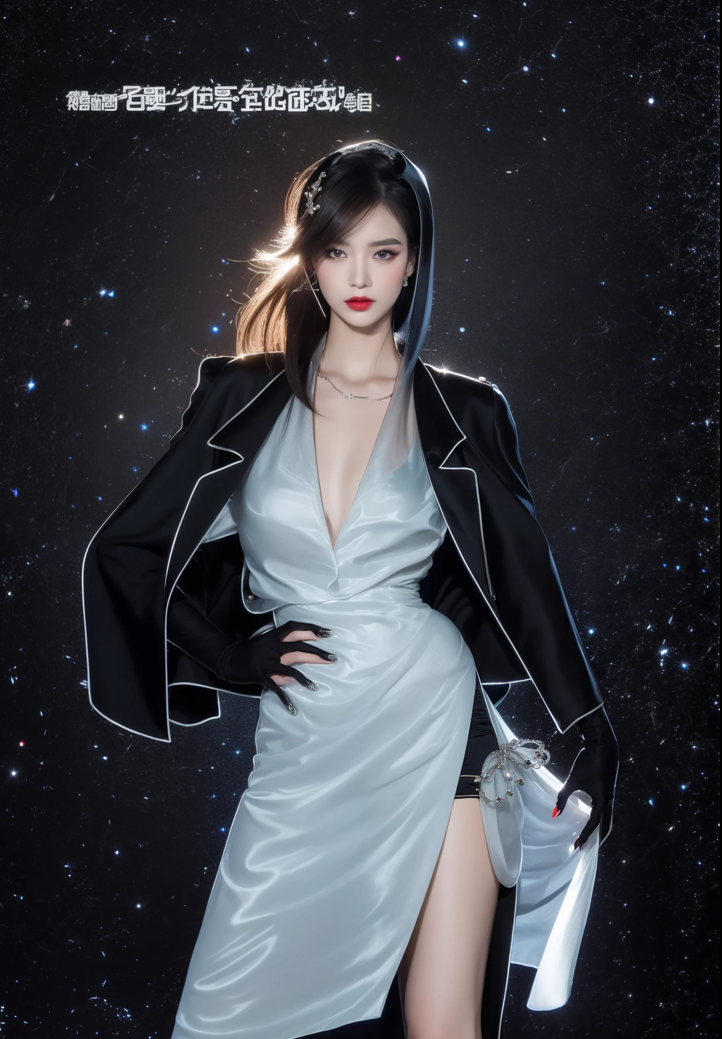 (8K，The highest image quality，hight resolution，full body Esbian，动态照明，Faraway view)Black Volcano Royal Princess Costume，appearance, makeup, Clothes should express unique and mysterious temperament。Here are some tips and details，Please help me create this image：

1. appearance：
- pale skin：Her skin takes on a pale grayish hue resembling volcanic rock，Looks transparent and smooth。
- starry eyes：her eyes were like the deep night sky，Her dark eyes seemed to swallow up all the light...。
- Luxury bread：she got fat and rolled, tall black hair，Combination with delicate hair accessories，tome&#39;tome&#39;tome&#39;It&#39;s like a black jewel placed on your head。

2. makeup：
- Smokey eye makeup：her eye makeup、Features deep charcoal gray and shiny silver tones，Eyes reveal mystery and coldness。
- red lips：her lips were shining like blood，Apply a layer of dark red lipstick，emphasize her nobility and dignity。

3. Clothes：
- gorgeous dress：she was wearing a black silk dress，It was like black waves rippling over her...，decorated with jewels and pearls，Mysteriously radiant。
-cloak: her cloak is made of black velvet，Inlaid with silver silk thread，Like a shooting star in the night sky，Let her be like a shining star in a black volcano。
These explanations are、、、、Helps create a sense of mystery、Royal and attractive princess image。to express her personality and the details of the dress..、Remember to use adjectives and detailed descriptions。。