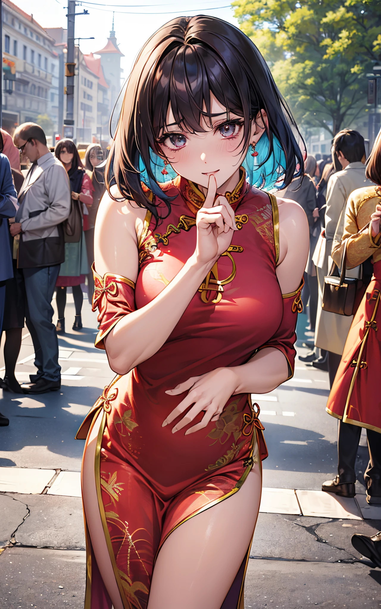 Positive Focus、top-quality、hight resolution、super precision、8K、(1人の女性)、(((extra detailed face)))、8 head body、
Colorful、Fine skin、Deep slit、off shoulders、
Beautie、Bright expression、Surprised、red blush、plump eyes、Eyes sparkle、
(((Luxury cheongsam)))、(((Colorful cheongsam)))、ample breasts、thighs thighs thighs thighs、Pedras preciosas、
(Photorealistic backgrounds)、(street corner)、(Crowds)、 Watching the viewer、
(Untying hair)、(((hair adornments)))、(Hide your fingertips)、(((Refers to 5 books)))、
(Composition looking up from a low position)、