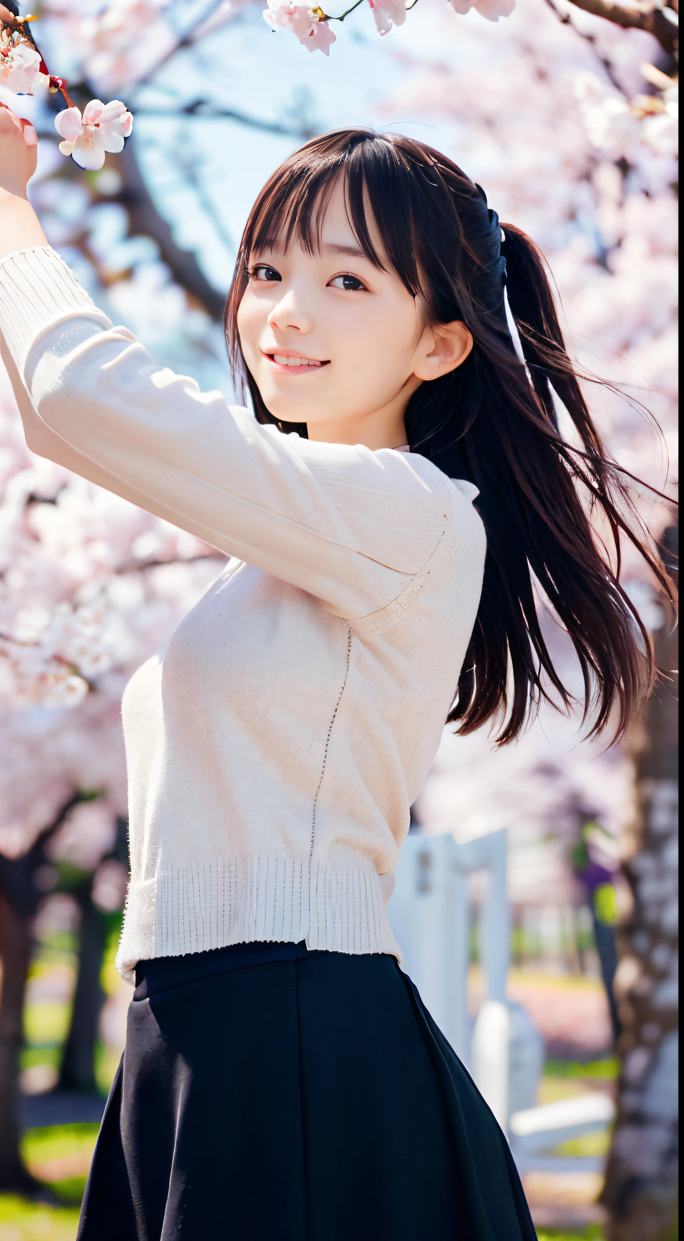 (Close up low angle shot of one slender small breasts two side up hair girl in spring sweater and shirt and skirt :1.5)、(The girl open her arms wide and looking viewer with a small smile、the hair flutters with the wind :1.5)、(low  angle shot:1.5)、(Rows of cherry blossom trees in full bloom and cherry blossom petals dancing in the wind:1.5)、(Blurry background,:1.5)、(Perfect Anatomy:1.3)、(No mask:1.3)、(complete fingers:1.3)、Photorealistic、Photography、masutepiece、top-quality、High resolution, delicate and pretty、face perfect、Beautiful detailed eyes、Fair skin、Real Human Skin、pores、((thin legs))、(Dark hair)
