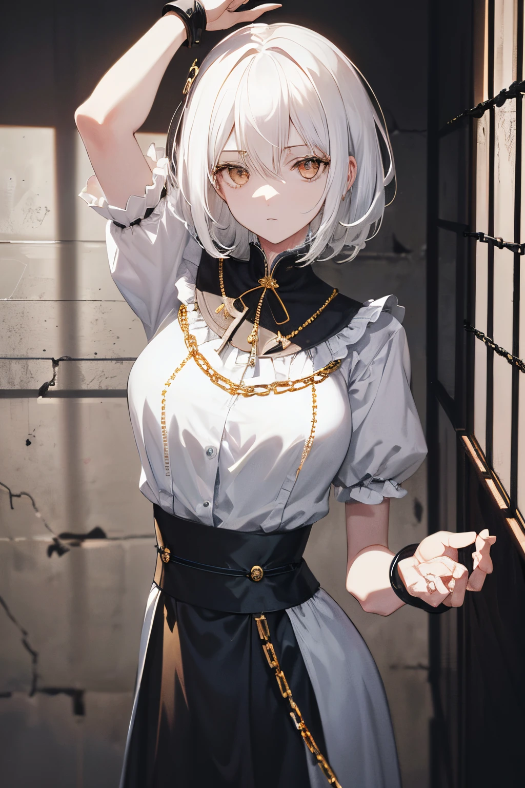 (Extremely delicate, masutepiece, Excellent light and shadow, 8K Hd wallpaper), white hair, Golden Eyes, prison,prison clothes ,mano cangue ,chains , de pele branca,cangue ,Restraints,