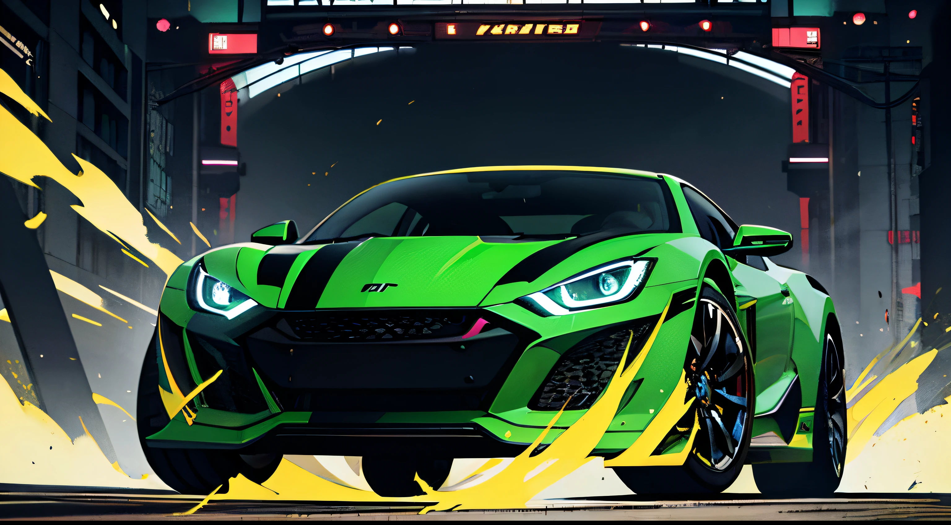 Poster background with,The Car,Graphic design,Visually stunning and stunning,Magazines,Cover of a,The color is black,((green color)),Very little purple,Tough,straight line,block polygon,(theatrical), (grittiness), (drastic),There is a sense of danger and intensity,,Adds to the overall drama and excitement,Majestic, Fashionab, a vibrant one,boldness,Striking,modern
