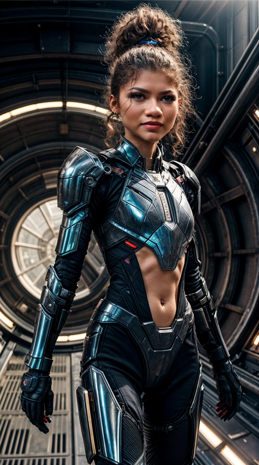 Create a striking image of Zendaya, embodying strength and confidence, as a 21-year-old female donned in a futuristic, sleek, and form-fitting space armor inspired by DOOM. The armor should accentuate her muscular physique while showcasing her large breasts with subtlety. Ensure the design complements her real tanned skin texture, providing a realistic and visually appealing representation.

Zendaya should be holding a futuristic rifle, adding to the badass and powerful aura. Capture her walking down a corridor within a futuristic space station, with attention to detail in the background. Remove the helmet to reveal Zendaya's face, highlighting her distinct features, including her square face shape, even-width eyes, and captivating expressions. Pay special attention to her beautifully detailed eyes, capturing the essence of determination and strength.

Maintain a flawless and realistic portrayal of Zendaya's body, considering her specific height, weight, and other relevant details. The output should be a masterpiece, showcasing Zendaya in a futuristic and empowering environment, with meticulous attention to her realistic features and the surrounding space station setting.