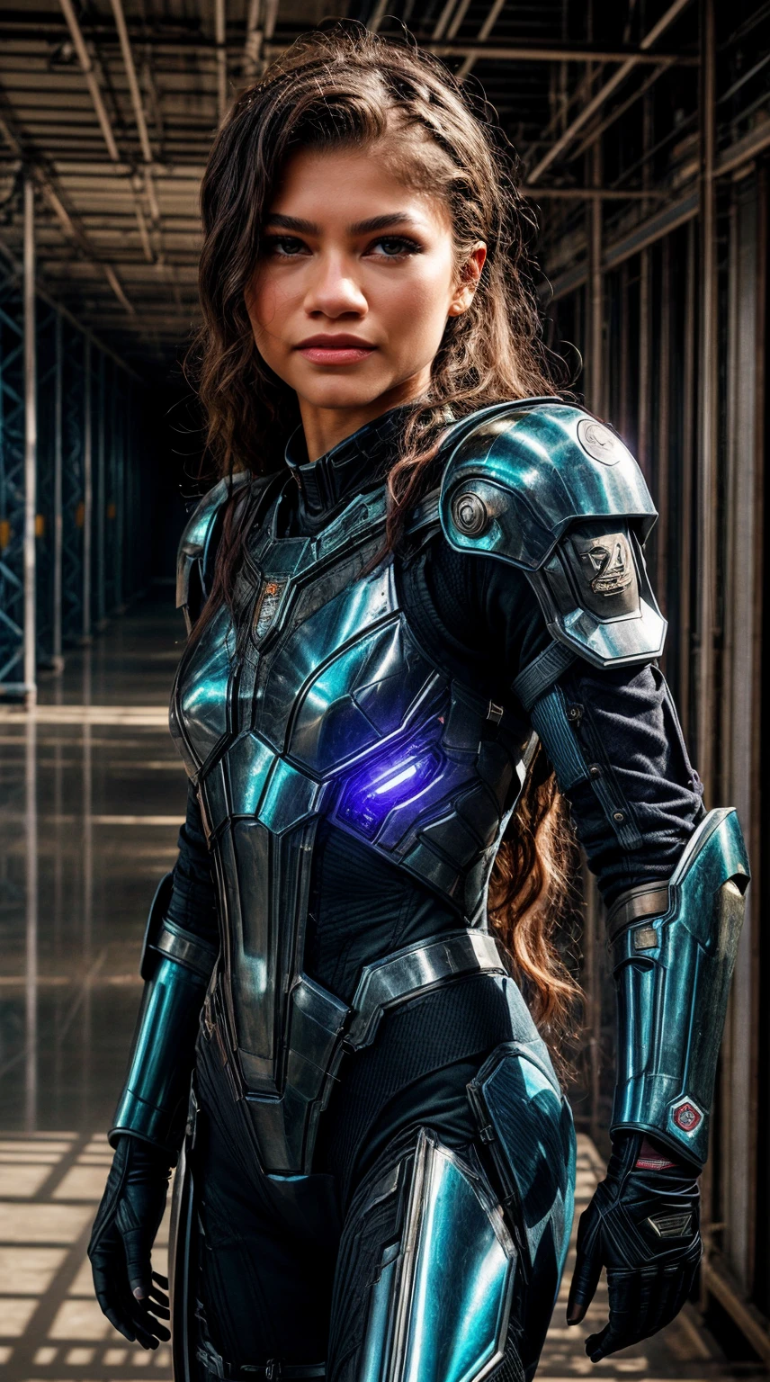 Create a striking image of Zendaya, embodying strength and confidence, as a 21-year-old female donned in a futuristic, sleek, and form-fitting space armor inspired by DOOM. The armor should accentuate her muscular physique while showcasing her large breasts with subtlety. Ensure the design complements her real tanned skin texture, providing a realistic and visually appealing representation.

Zendaya should be holding a futuristic rifle, adding to the badass and powerful aura. Capture her walking down a corridor within a futuristic space station, with attention to detail in the background. Remove the helmet to reveal Zendaya's face, highlighting her distinct features, including her square face shape, even-width eyes, and captivating expressions. Pay special attention to her beautifully detailed eyes, capturing the essence of determination and strength.

Maintain a flawless and realistic portrayal of Zendaya's body, considering her specific height, weight, and other relevant details. The output should be a masterpiece, showcasing Zendaya in a futuristic and empowering environment, with meticulous attention to her realistic features and the surrounding space station setting.