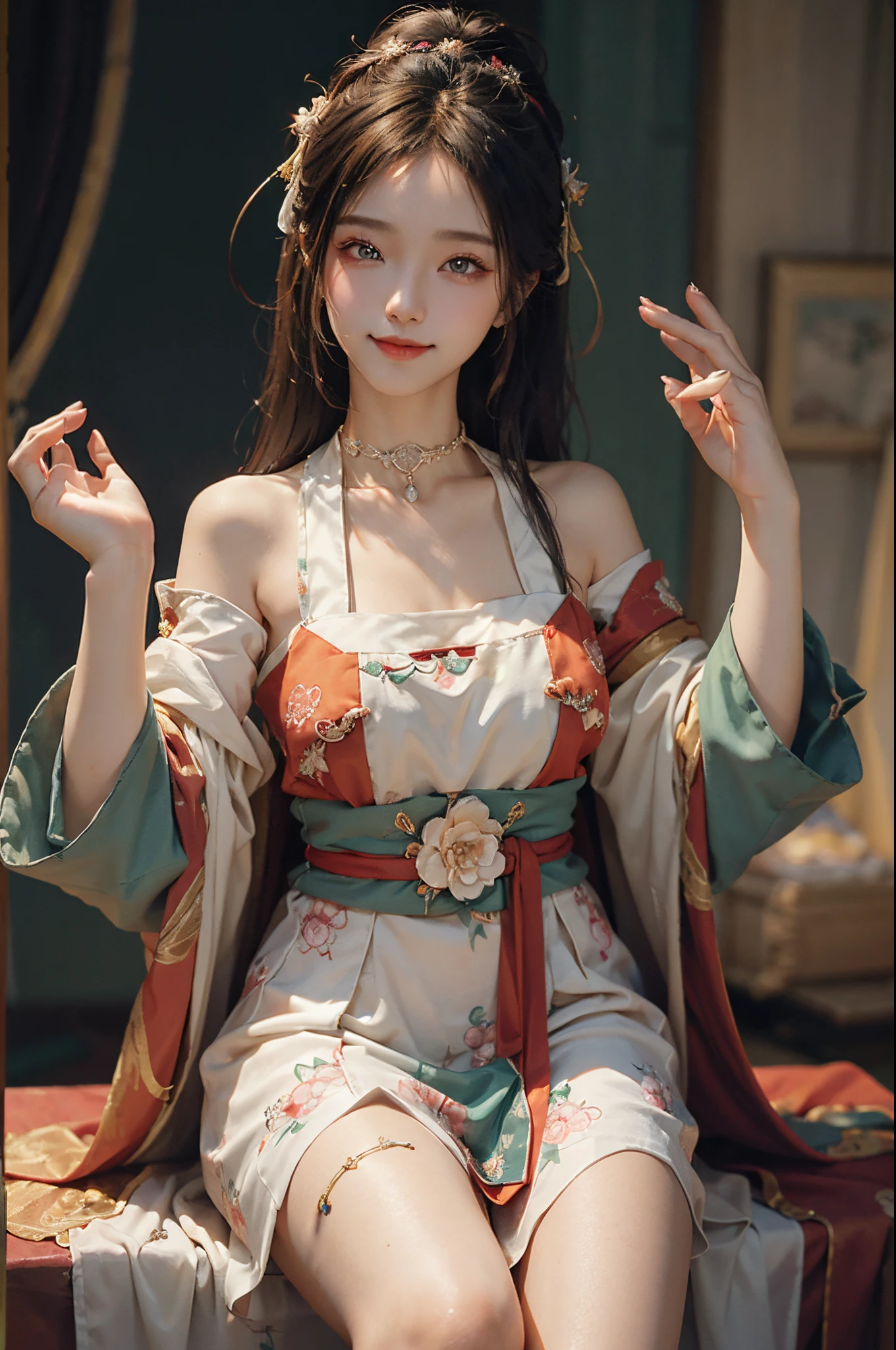 cow boy shot,Chinese style,20 year old Asian model,Smile shyly,a slender waist,Hanfu (Hanfu),s delicate face,Fluorescent color long skirt,cropped shoulders, natta, Warm color palette, A pair of GGX heels,Random scenes,randome pose,Long legs crossed,flirty skirt,Perfect curves,Shoot at night,Warm color palette,Best quality,ear nipple ring、choker necklace、hair pin,heavy makeups,Gorgeous eye makeup,Extremely beautiful eyes