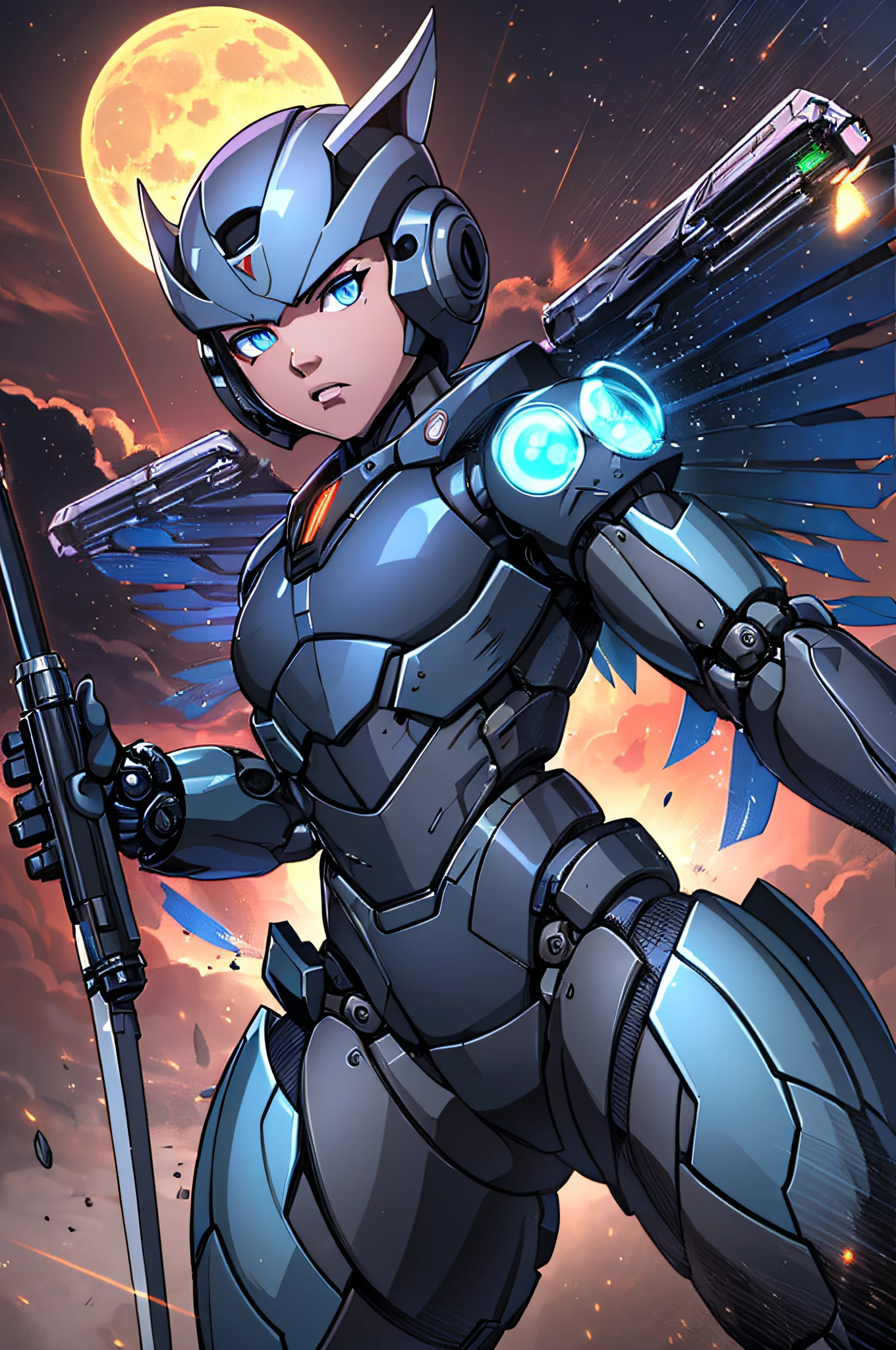 top-quality、Top image quality、masterpiece、hiquality、Beautiful Art、masutepiece、visualart、depth of fields、male people((in her 20s、well-muscled、Black bodysuit、Shout、Laser sword dual wielding、Glowing chest、mechanical wings、blue eyess、Planktonic、Rocket gun on the back)),Background with((Lunar base、battle field、humanoid robot destroyed),