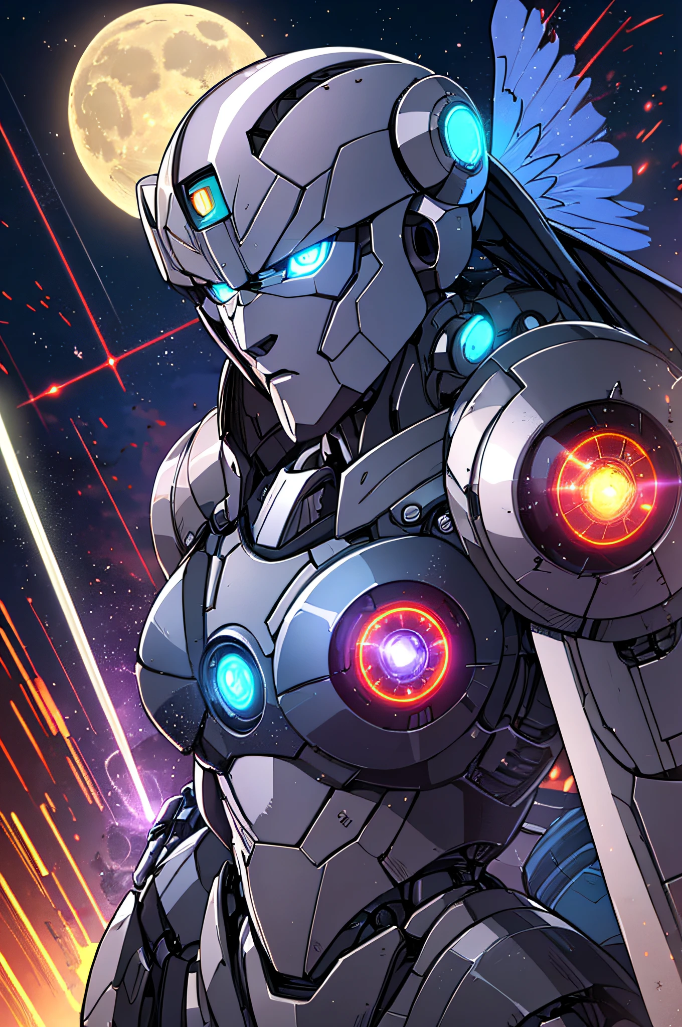 top-quality、Top image quality、masterpiece、hiquality、Beautiful Art、masutepiece、visualart、depth of fields、male people((in her 20s、well-muscled、Black bodysuit、Shout、Laser sword dual wielding、Glowing chest、mechanical wings、blue eyess、Planktonic、Rocket gun on the back)),Background with((Lunar base、battle field、humanoid robot destroyed),