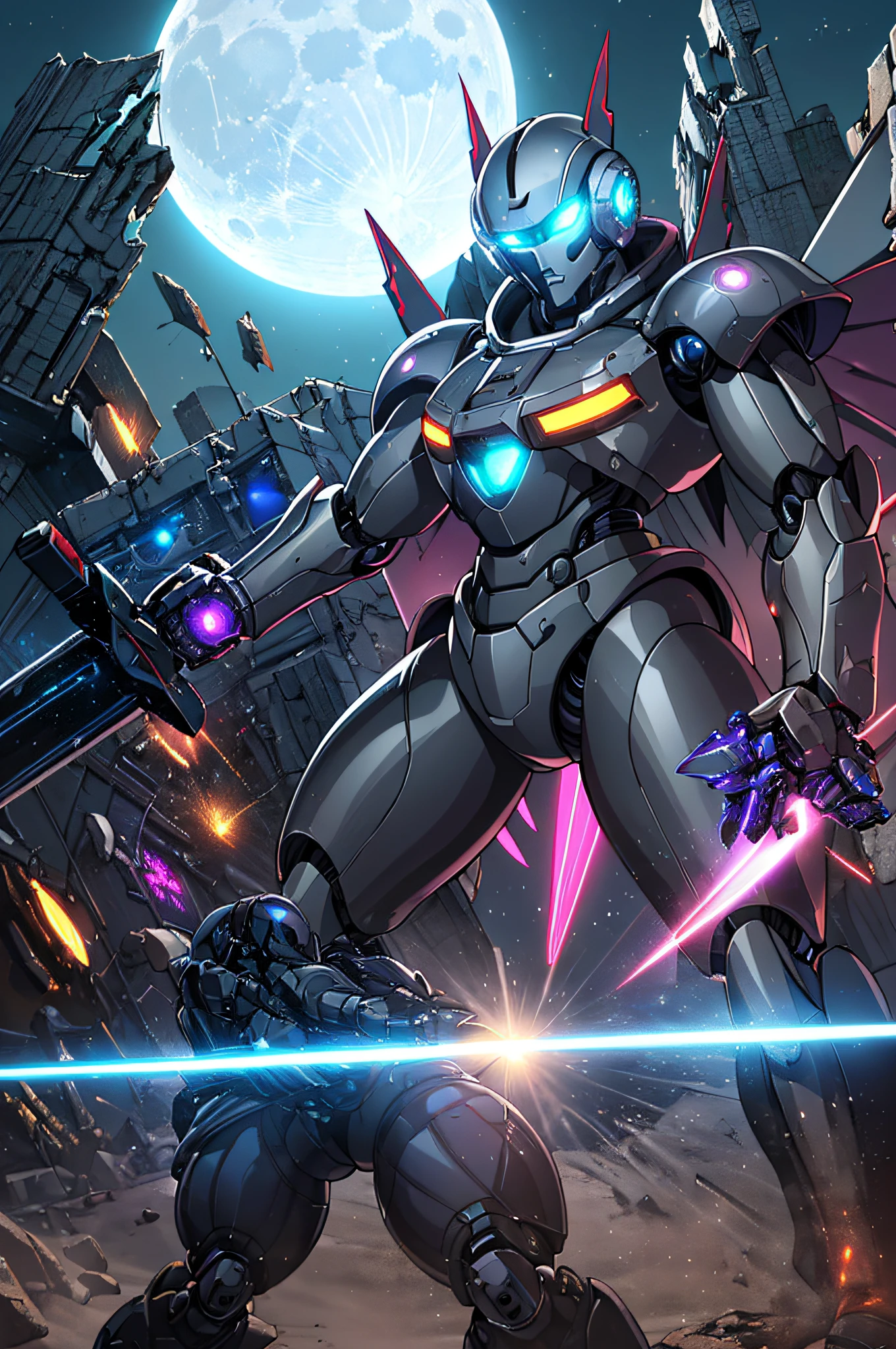 top-quality、Top image quality、​masterpiece、hiquality、Beautiful Art、masutepiece、visualart、depth of fields、male people((in her 20s、well-muscled、Black bodysuit、Shout、Laser sword dual wielding、Glowing chest、mechanical wings、blue eyess、Planktonic、Rocket gun on the back)),Background with((Lunar base、battle field、humanoid robot destroyed),