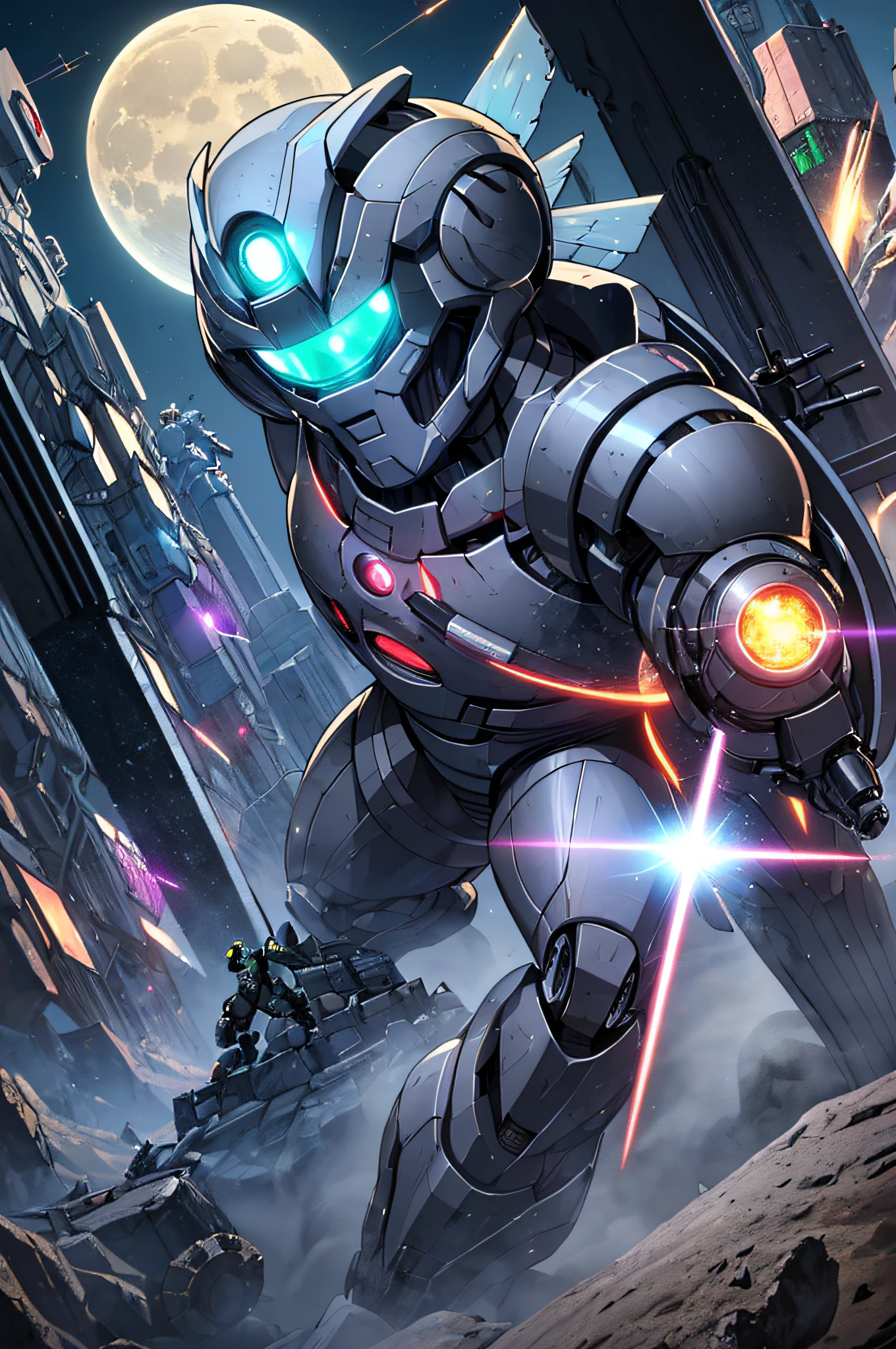 top-quality、Top image quality、masterpiece、hiquality、Beautiful Art、masutepiece、visualart、depth of fields、male people((in her 20s、well-muscled、Black bodysuit、Shout、Laser sword dual wielding、Glowing chest、mechanical wings、blue eyess、Planktonic、Rocket gun on the back)),Background with((Lunar base、battle field、humanoid robot destroyed),