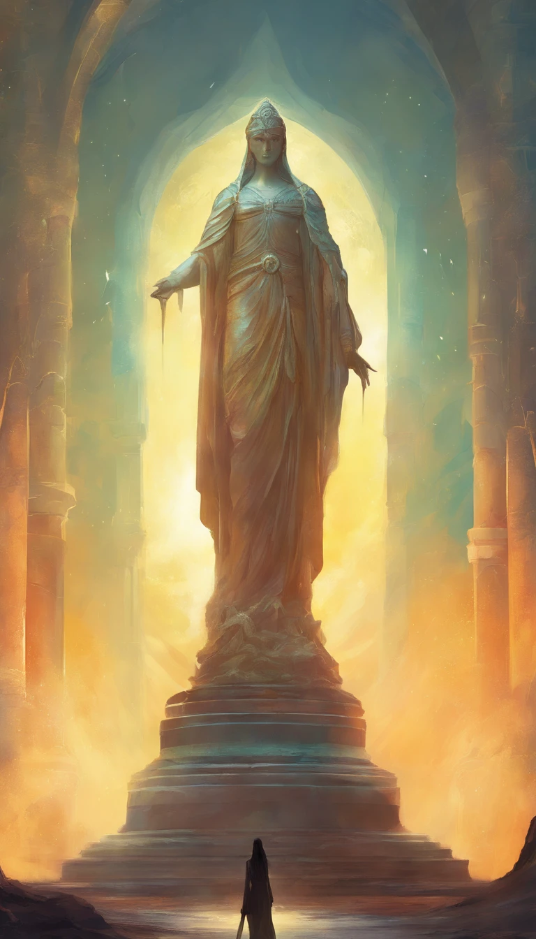 stone statue, Texture, tall, An majestic, The background is illuminated by sunlight,Inverted image,Pilgrims on the road