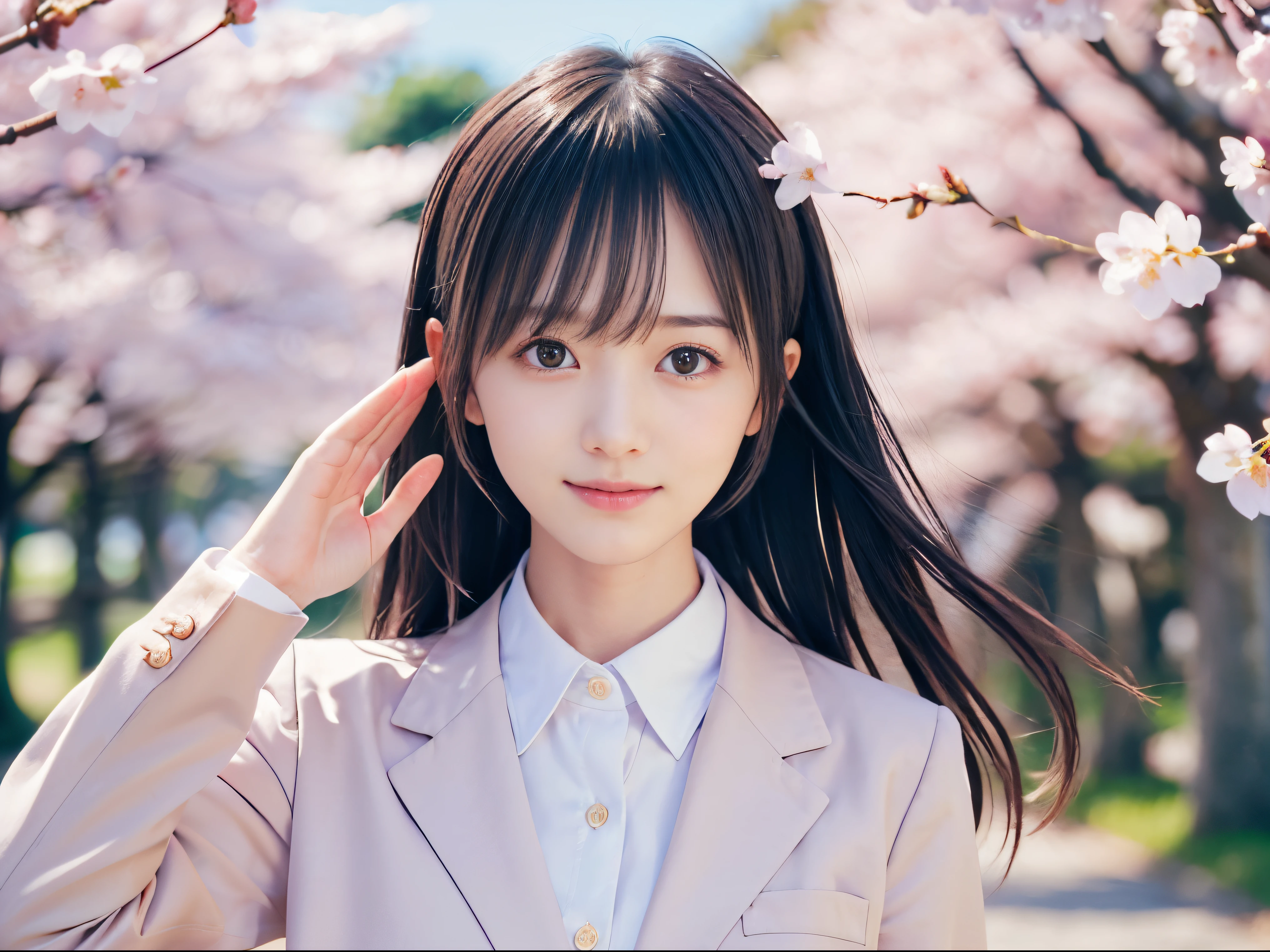 (Close up portrait of slender small breasts two side up  hair girl in pastel colored jacket and shirts:1.5)、(A girl salute with small smile and her hair fluttering :1.5)、(Rows of cherry blossom trees in full bloom and cherry blossom petals dancing in the wind:1.5)、(Blurry background,:1.5)、(Perfect Anatomy:1.3)、(No mask:1.3)、(complete fingers:1.3)、Photorealistic、Photography、masutepiece、top-quality、High resolution, delicate and pretty、face perfect、Beautiful detailed eyes、Fair skin、Real Human Skin、pores、((thin legs))、(Dark hair)