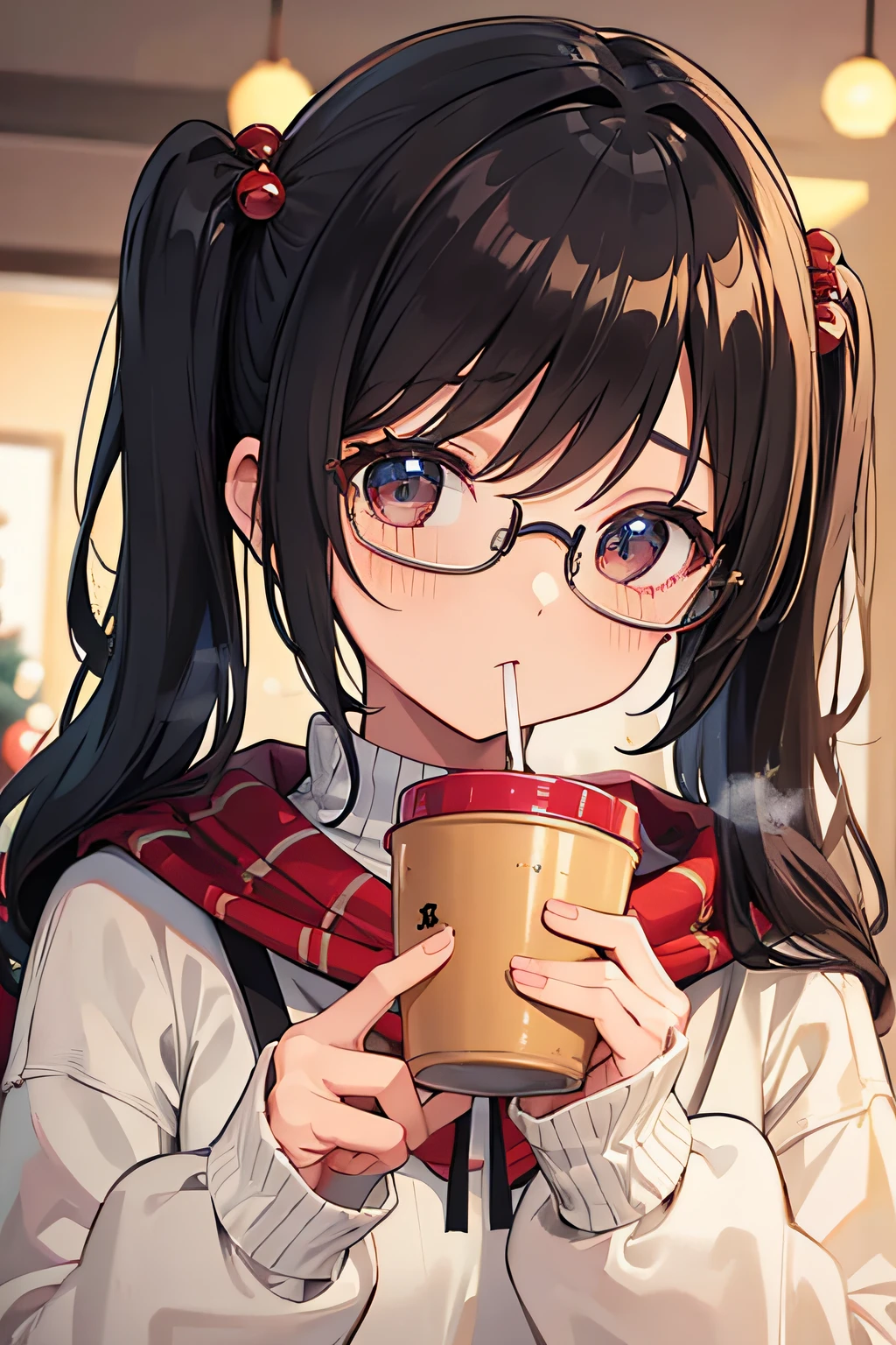 Girl,cute,glasses,twin tails, sweater, christmas tree in the Background, drinking hot chocolate, calming warm atmosphere