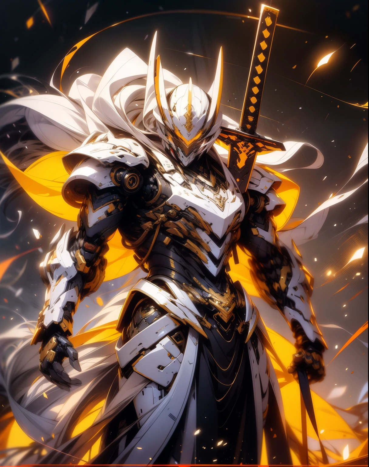 super wide shot, Full body frontal photo,Mecha male warrior， Jade Emperor style,《The mech colors are gold and silver-white》，（《Holding the Xuanyuan sword》，The sword is full of futuristic technology，），（Full body mecha）, Keqing from Genshin Impact, (Masterpiece) ， The best quality， High quality，Gold armor，电影灯光， （Exquisite future）， Beautiful and beautiful， Ultra detailed， great composition， Floating， Depth of field， （Very detailed CG，Unity 8k壁纸）， （Beautiful detail background）， dramatic lights， GOGETTA， Mecha，best qualtiy，超高分辨率，