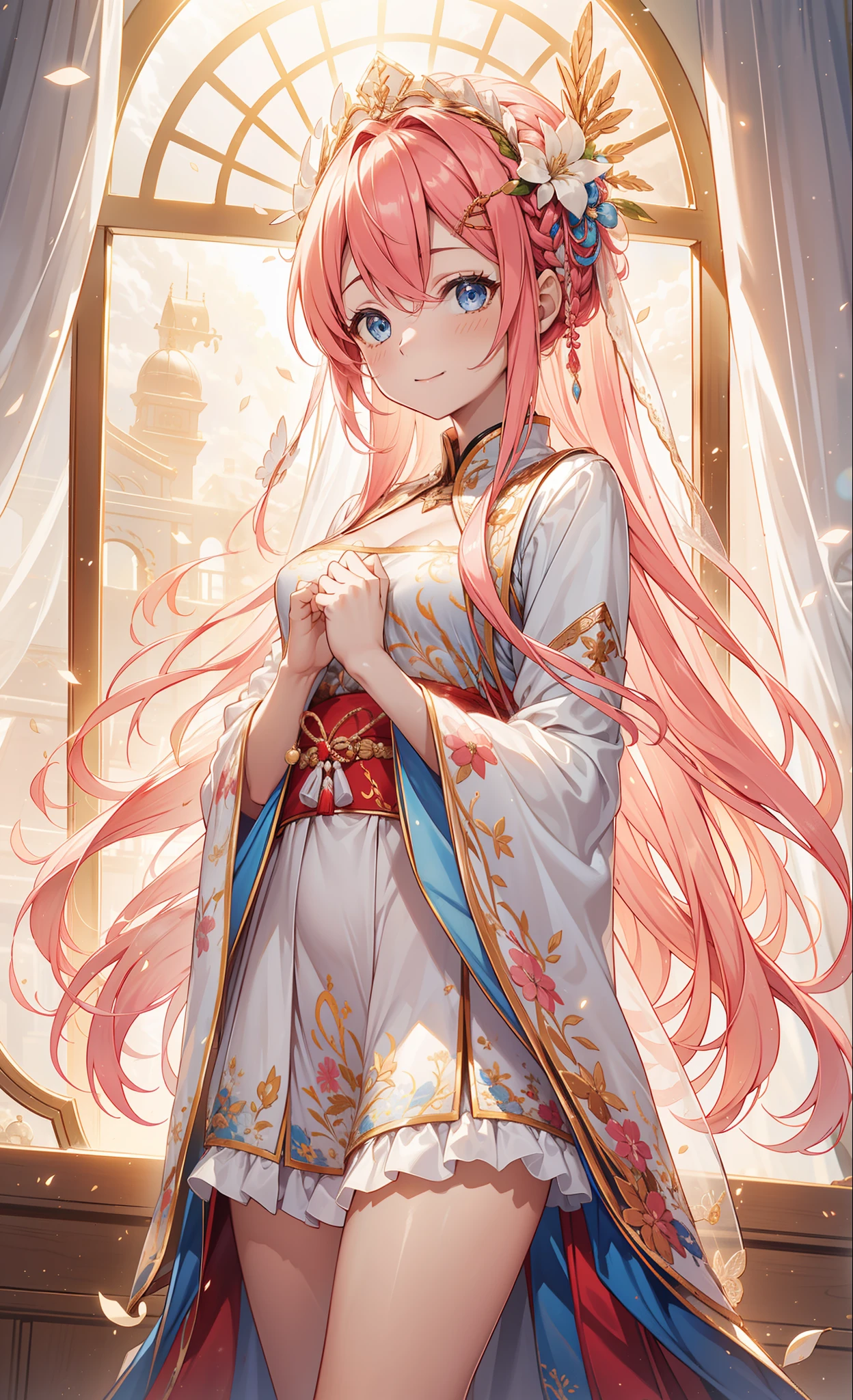 (Best quality at best, A high resolution, ctextured skin, high high quality, high detal,Extremely detailed CG unification),Teenage girl，obsessed，Divine happiness，In love，having fun，(Tiansheng Mixed Pack)，with pink hair，eBlue eyes，(Fabric headdress)，Maximalism，Multiple layers of delicate ruffles，Lots of lace，Multi-colored cloth，delicate embroidery，delicate patterns，Fabric headdress，dress nicely，sheer transparent clothes，Bedrooms，natta，Sparkling，(Show off pussy:1.2)，电影灯光，natta，the only person，Fluttering skirts，