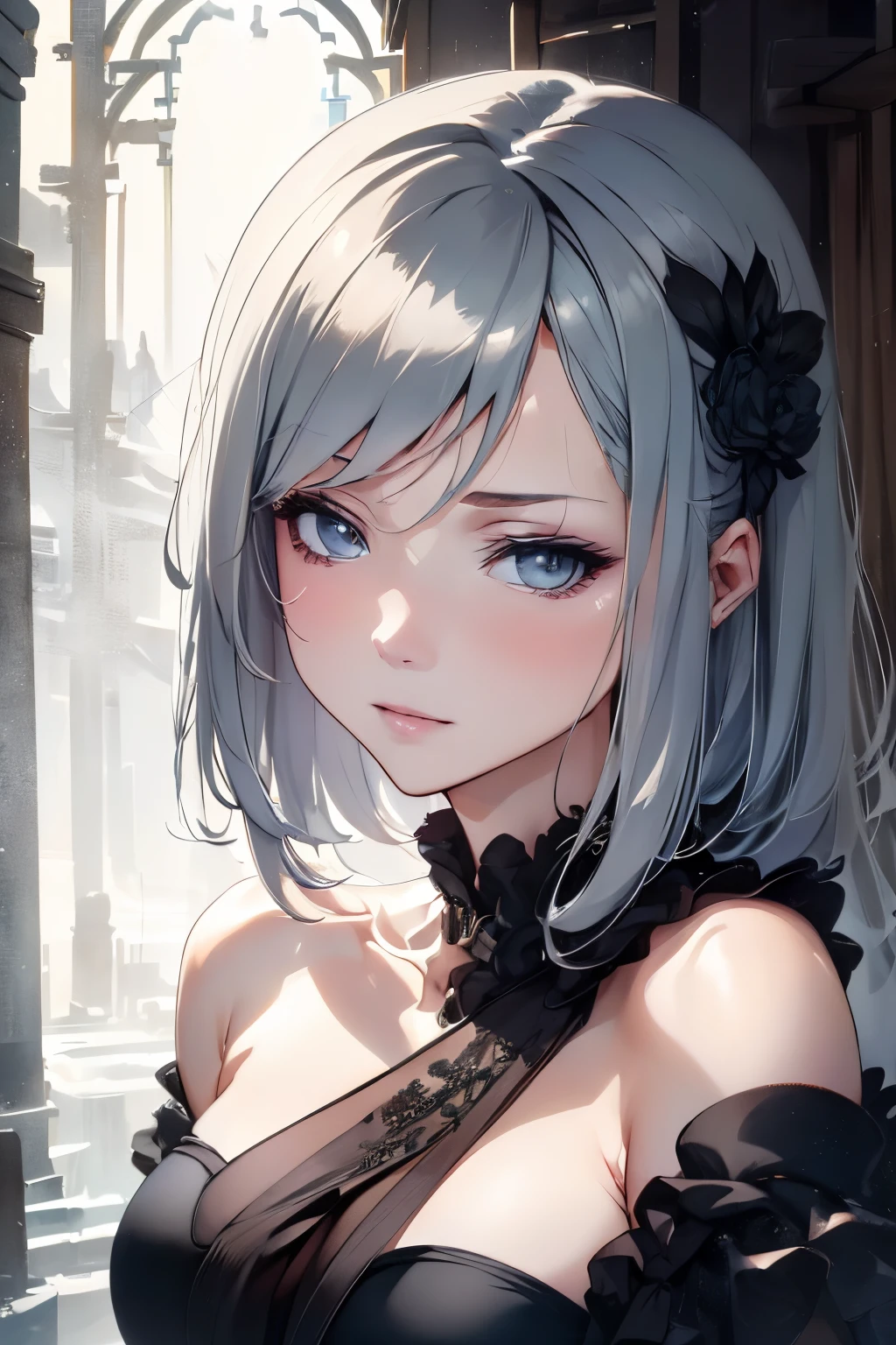 (Best Quality, masutepiece:1.2, 超A high resolution, Realistic:1.5), Raw photo, 1girl in, Off-shoulder, In the Dark, Deep Shadows, low key lighting, Cool color tones, a captivating gaze, Short hair, foggy atmosphere, mystic atmosphere, subtle highlights, dramatic contrasts, Elegant Pose, intense emotion, ethereal beauty, Enchanting darkness, enticing expression