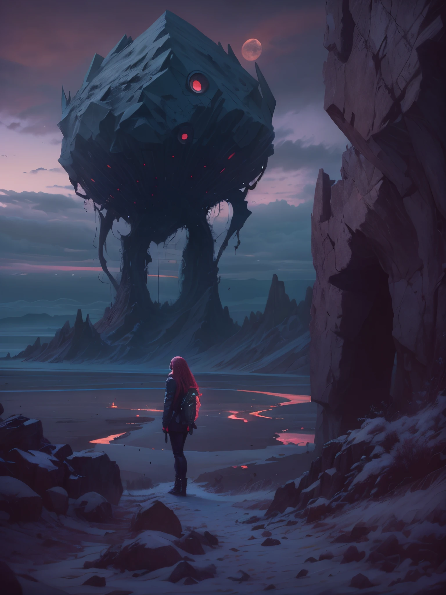 full body length,very bad babygirl, Molecule Man in hell,Obsidian opal,evil temper,full body lenght shot,Rubyfall Spectrolite fairy and her babe,long hair,freckles,pretty face,eyebrow up,full body shot,ominous landscape,Simon Stalenhag,prime colors,urban,extremely detailed, [night landscape],masterpiece,intricate details,faded,eyes extremely detailed, high detailed eyes,4k resolution,RAW, Nikon Z9,city in mountain on background,niobium Chalcopyrite moon,Moondragon,photosnap in action,extremely photorealism,extremely dangerous landscape,The Great Barrier Reef of Australia