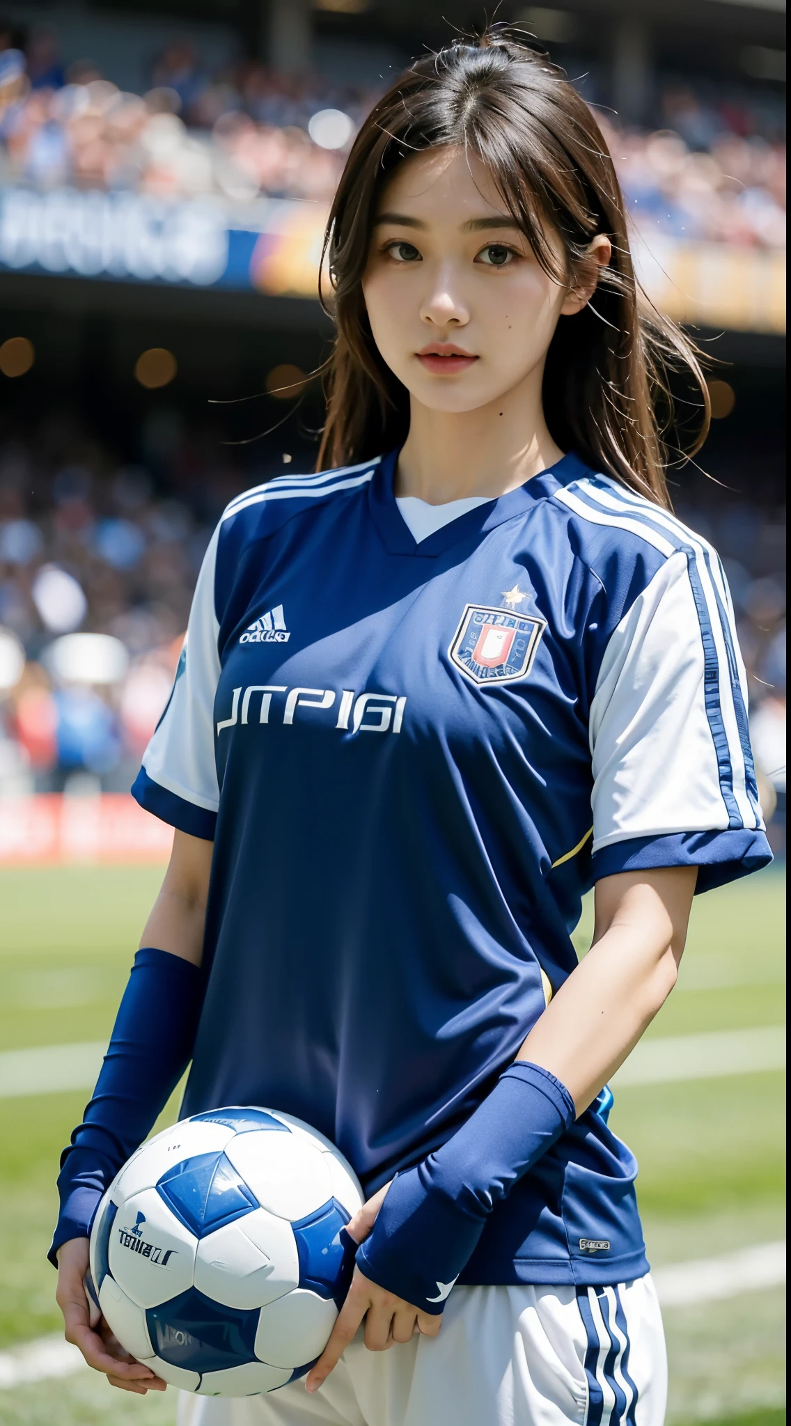 masterpiece, realistic, ultra high quality, beautiful soccer player, japanese, blue soccer jersey, long hair, standing, upper body, soccer stadium, looking viewer, sunny day