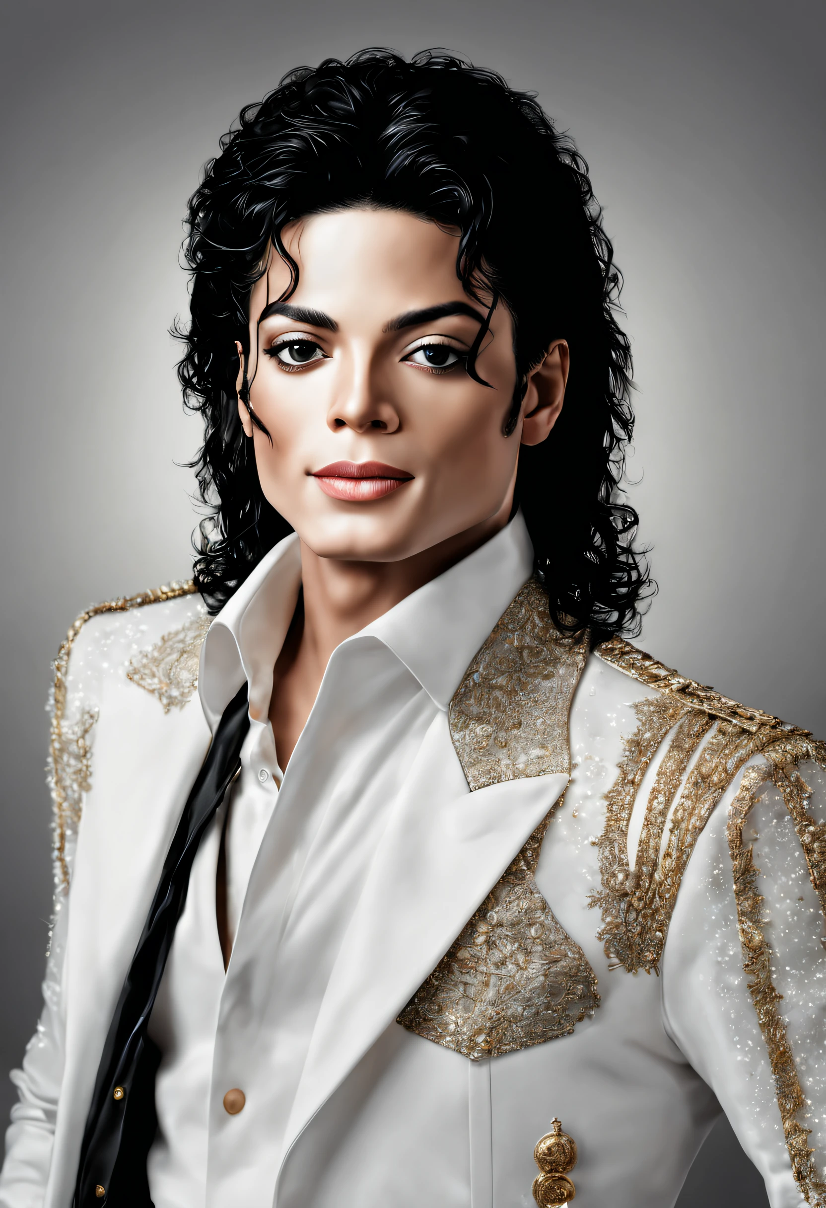 Michael Jackson with totally perfect beautiful face, with white skin, music album cover model style, photographic realistic style detailed, 8k.