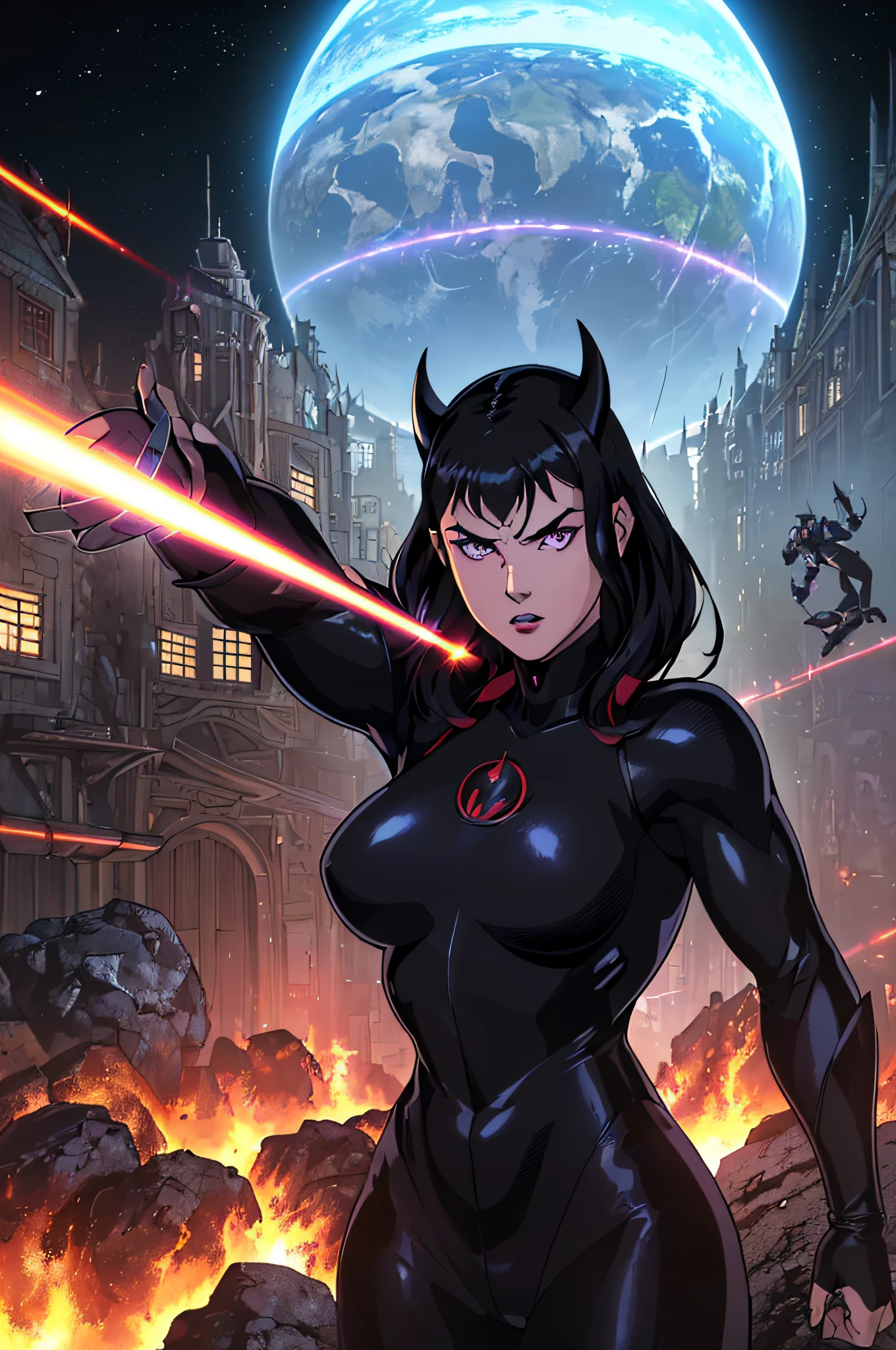 top-quality、Top image quality、masterpiece、hiquality、Beautiful Art、masutepiece、visualart、depth of fields、male people((in her 20s、well-muscled、Black bodysuit、Flight Units、laser from eyes、Evil face)),Background with((planet earth、battle field、Burning Town)),