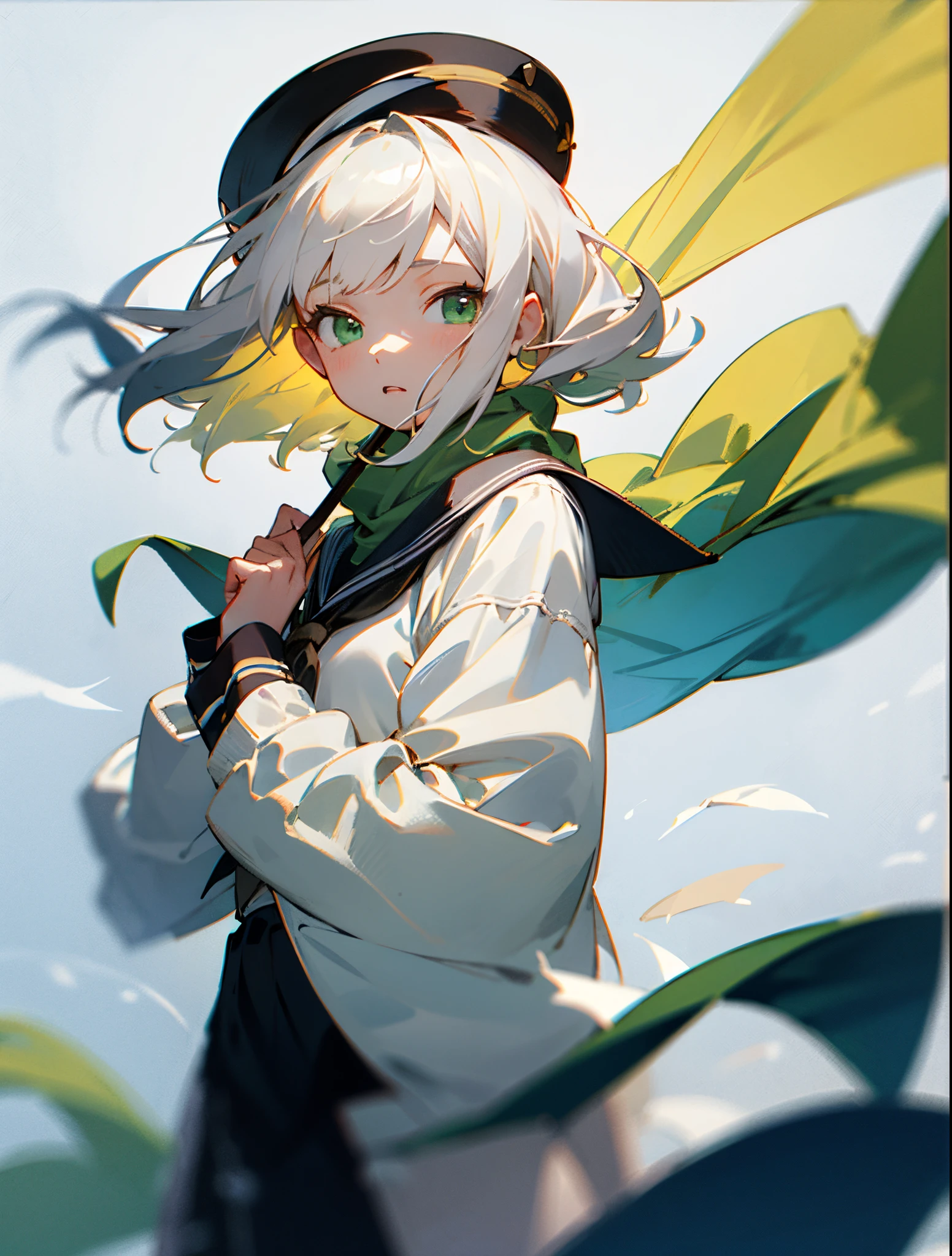 girl with、Background blur、whitish hair、Green eyes、Gradient Hair、Hair that flutters in the wind、Sailor Hat、Silk Scarf、Green Flag