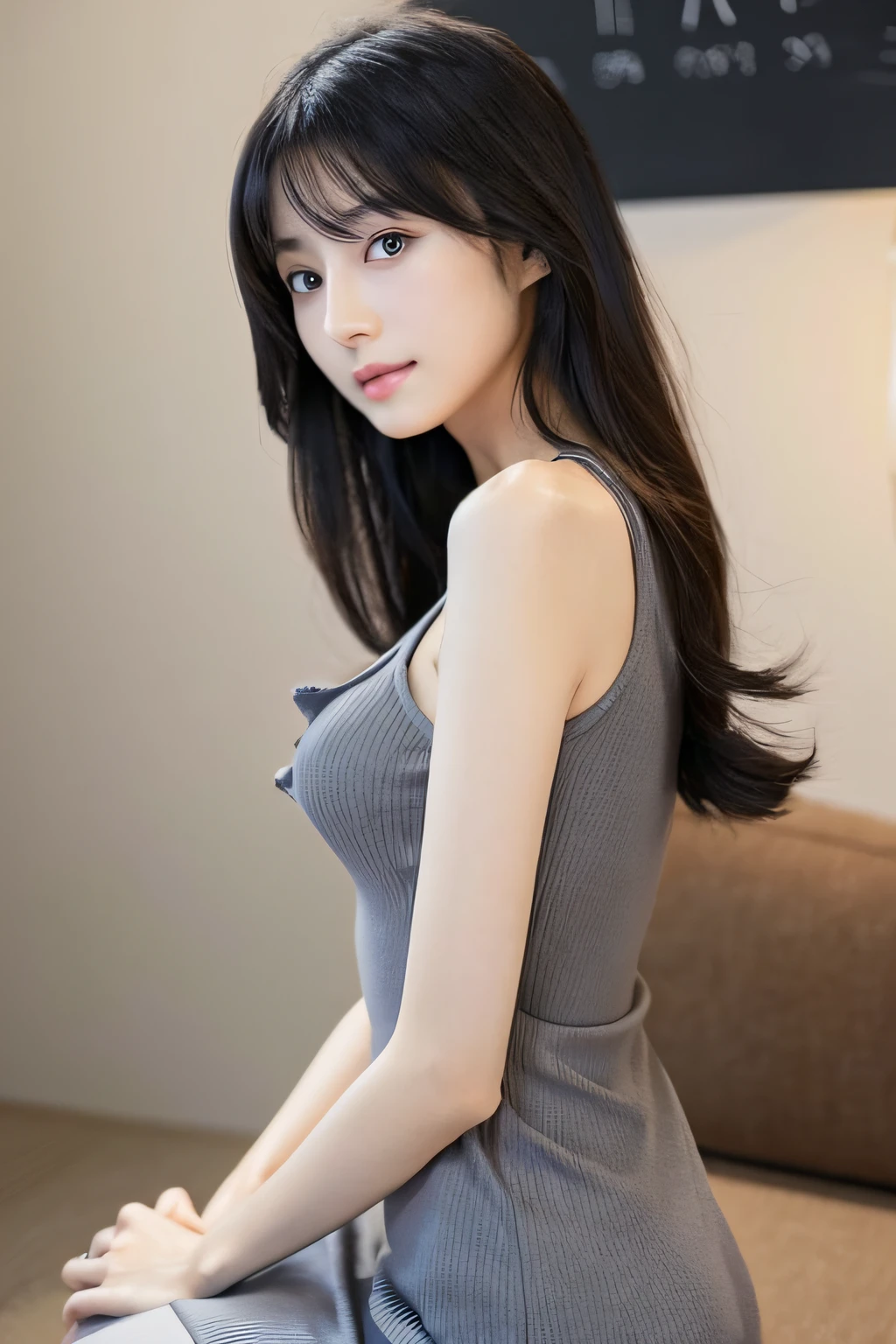 Japanese lady, skinny shape, small breasts, extremely slender waist, beautiful face, bright eyes, black long hair, wearing a tight grey dress, looking back for a viewer, 1girl in, solo, detailed face and eyes, detailed fingers and arms. Full body photo.