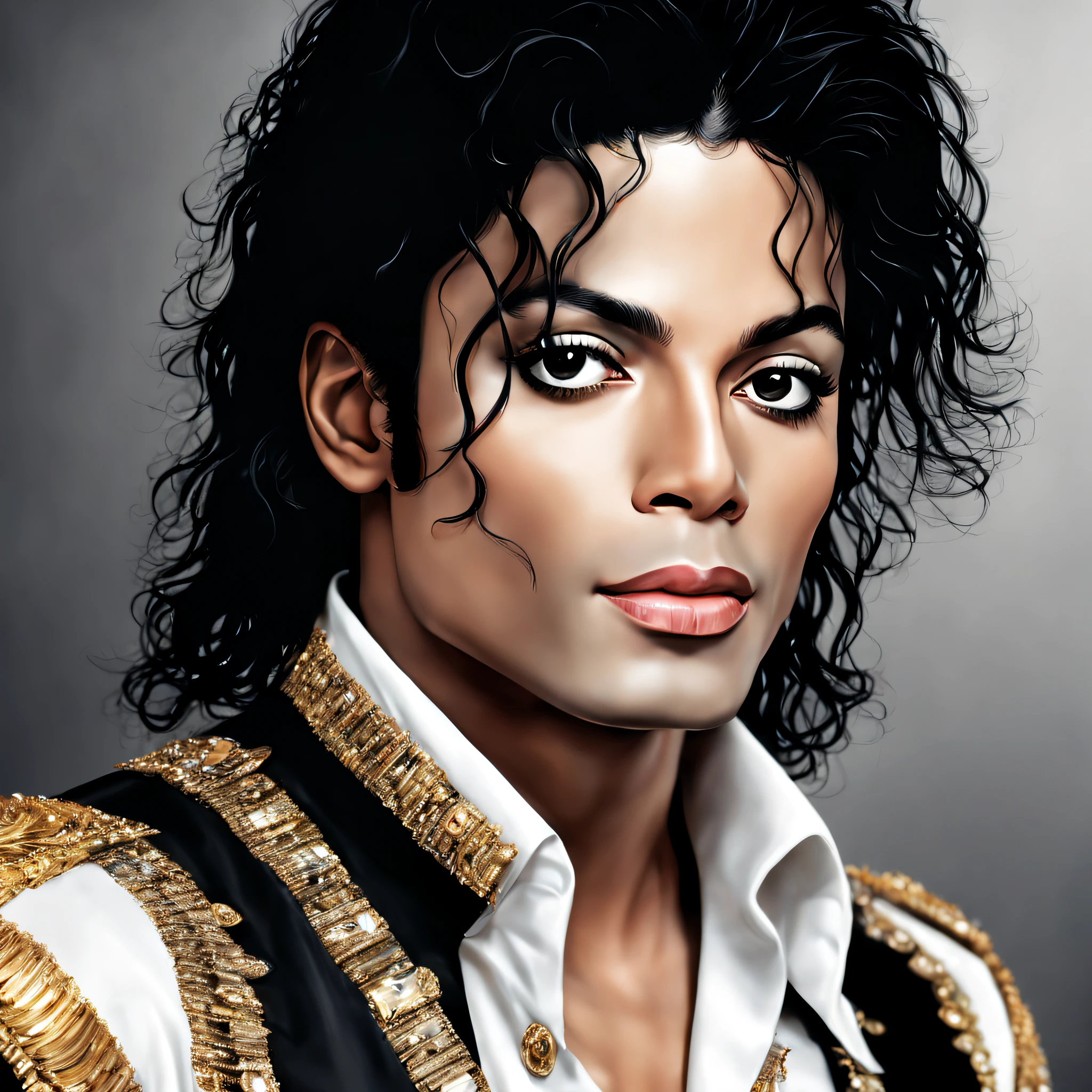 Michael Jackson with totally perfect beautiful face, with white skin, music album cover model style, photographic realistic style detailed, 8k.