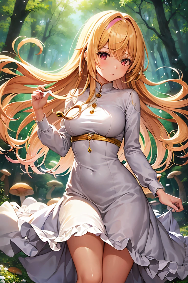 Nahida (masutepiece), (Best Quality), (ultra-detailliert),(disheveled hair),(Illustration), (1girl in), beautiful finely detailed eyes,Delicate beautiful face,floating,(High color saturation),(Colorful splashes),colorful bubble,(Shining),Focus on Face, Walk through a forest full of colorful mushrooms