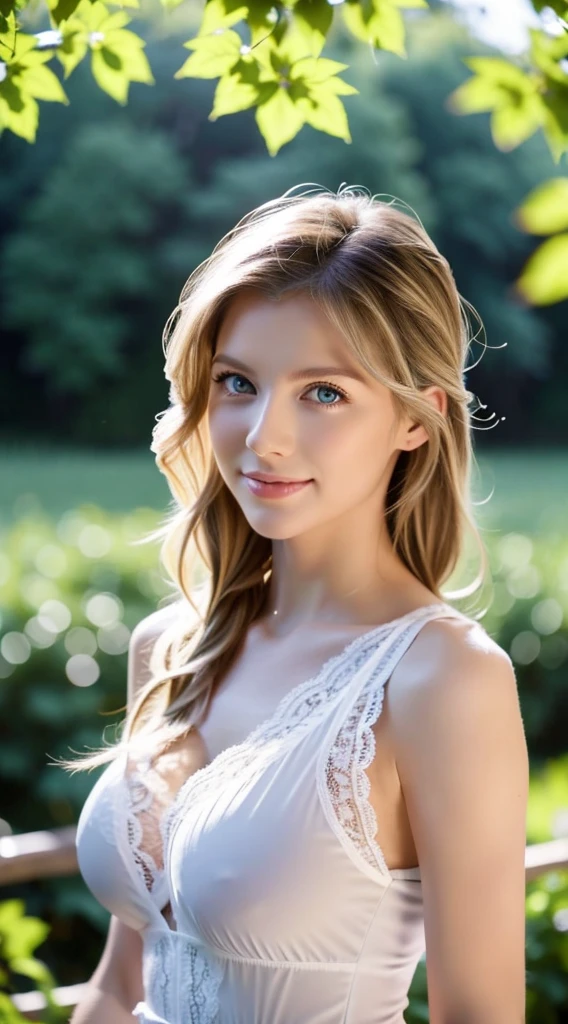 American white woman with unparalleled looks、dark blonde、hair tied with a ribbon、Hair is wavy、The ends of the hair are curled、blue eyess 、A slender、Out of focus background of open meadow in the forest、The sun filtering through the trees is beautiful、a smile、Looking at the camera、Slender but well-proportioned body with large breasts、Posing like a model、Raking up hair、There must be space above the head、Breast bare、Very high definition、Wearing black lace clothes