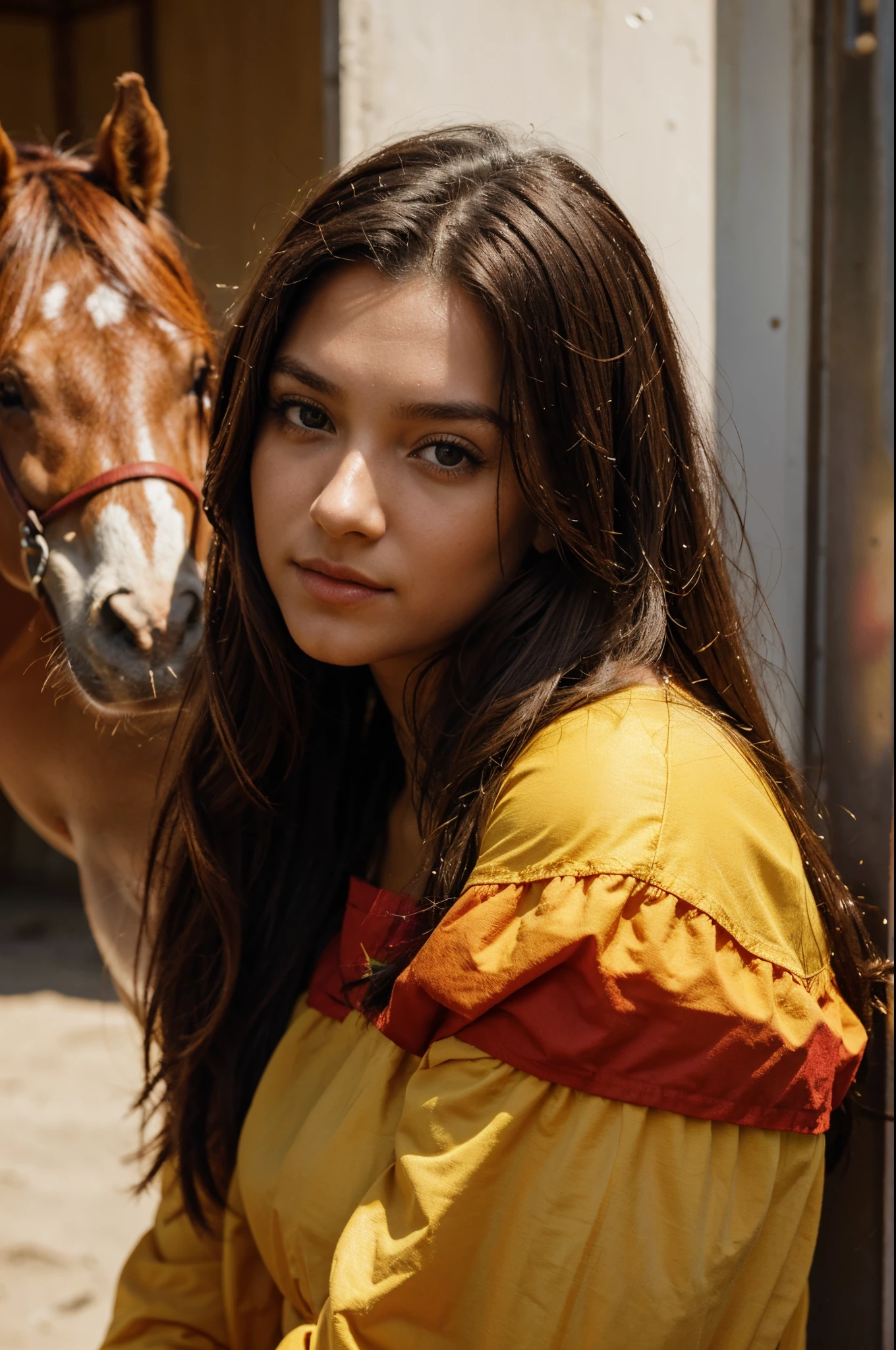 bens, sozinho, 1girl, amarelo_Alunos, +_+, preto_Hair, High_rabo-de-cavalo, vermelho_flor_Hair_enfeite
