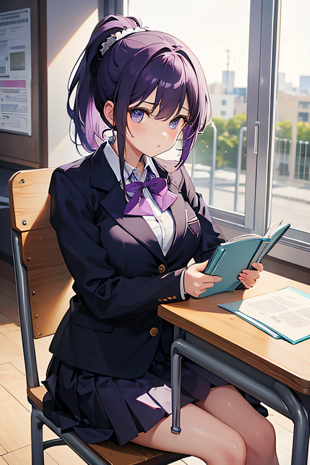 A girl with purple ponytail, school uniform blazer, at school, sitting at the table, reading a book