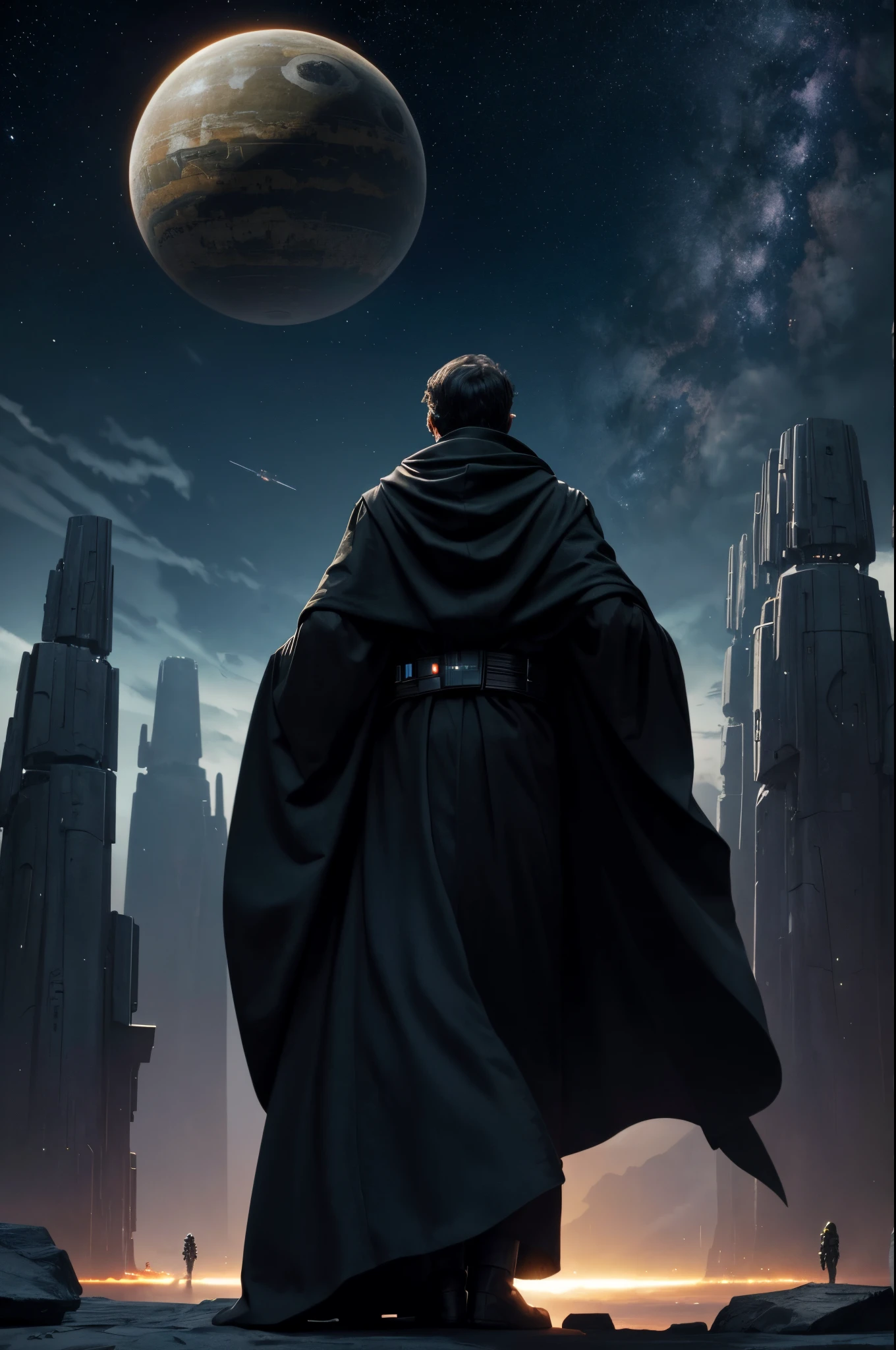 Sith in a dark robe, standing at the edge of a cliff with his back to us his hands are lifted up pointing the sky , lightings comes from his hands an hits the starships  in the sky, in the background are  starships  in the sky  including components, sky is dark with stars and planets, masterpiece, high detailed, oil painted, 4k, 8k,  high resolution ,epic scene, amazing long and short ships from star wars, blink an eye and you will miss it, to project concentrated electrical energy from their fingertips towards a target