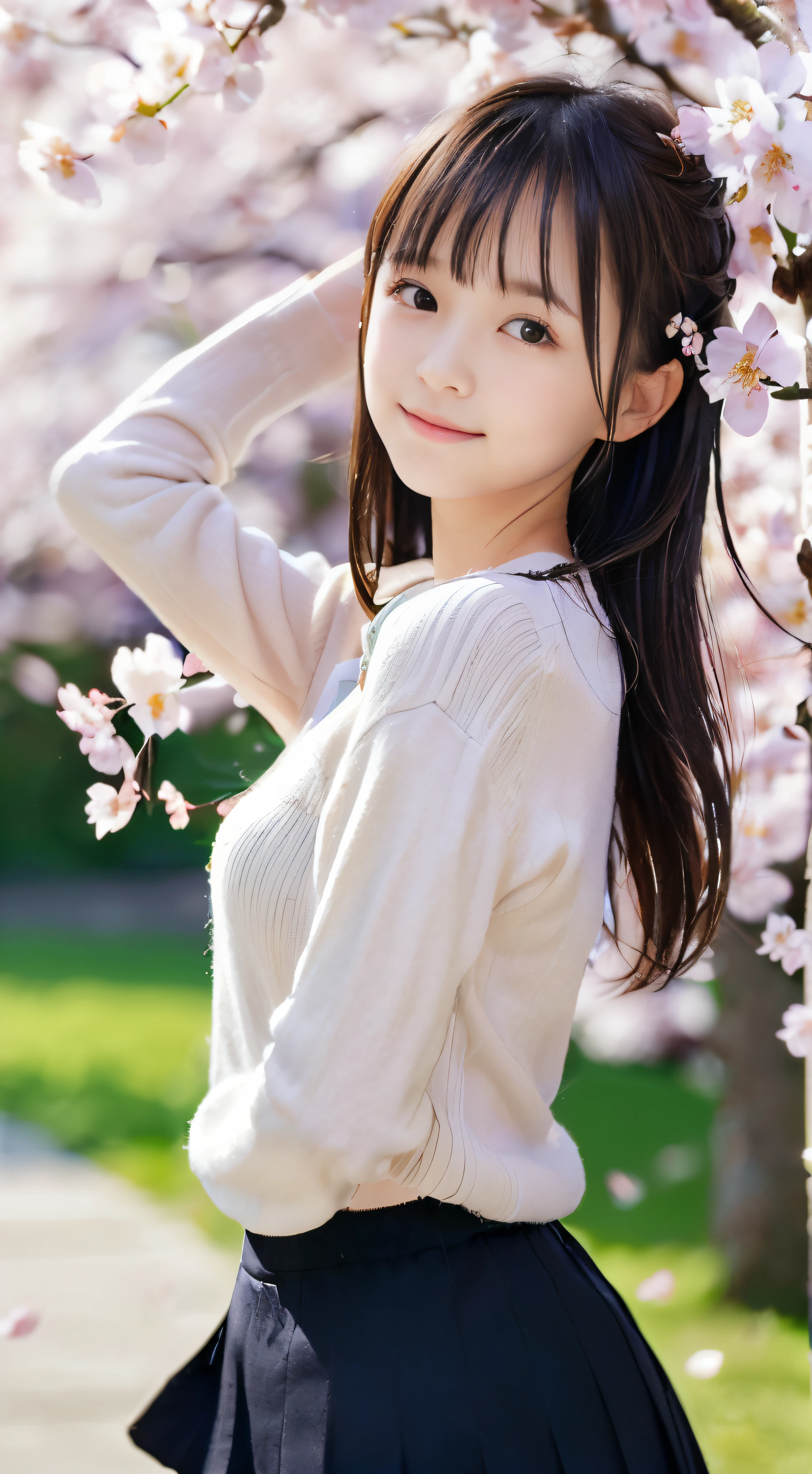 (wearing a spring sweater, Shirt, and skirts、have dull bangs、Close-up low angle shot of a slender small-breasted girl with her hair half up :1.5)、(girl spreads her arms wide、Look at the viewer with a small smile、the hair flutters with the wind :1.5)、(low angle shot:1.5)、(Rows of cherry blossom trees in full bloom and cherry blossom petals dancing in the wind:1.5)、(Blurry background,:1.5)、(Perfect Anatomy:1.3)、(No mask:1.3)、(complete fingers:1.3)、Photorealistic、Photography、masutepiece、top-quality、High resolution, delicate and pretty、face perfect、Beautiful detailed eyes、Fair skin、Real Human Skin、pores、((thin legs))、(Dark hair)