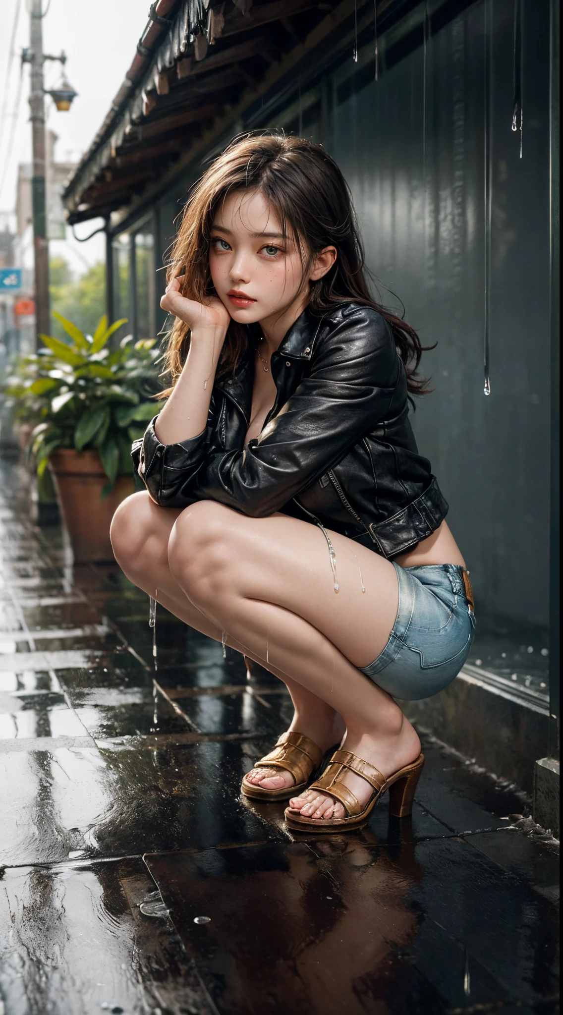 (masterpiece:1.2、top-quality)、(Real image、intricate detailes)、(natta、murky、drenching:1.4) There is no one in the alley、The surroundings are quiet、Only raindrops are sprinkled on the tile eaves of low houses near and far、It was making a slight rustling noise。In the cold rain、(1 girl in、Black leather jeans、Leather shorts、mournful、perfect eyes:1.2)Squatting on the ground、huge tit、cleavage of the breast、beauty legs、((Bare legged))