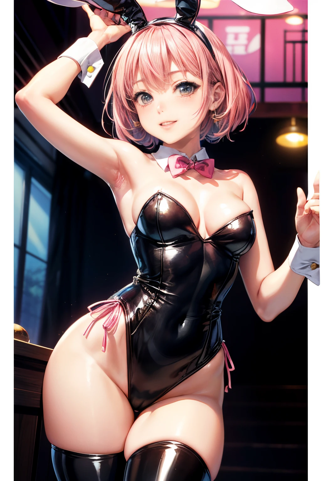 ((cyberpunked:1.5)), ((Playboy Bunny Girl Costume:1.5)), (Anime:1.5), ((The costume is made of metal:1.5)), ((In Kyoto Animation Style)), super precision, ​masterpiece, very extremely beautiful, Princess Face, ((1 girl)), ((Solo:1.5)), ((Pink hair:1.5)), ((BobKat 1.5)), BREAK, ((Black eyes)), Latex, Short hair, ((Straight hair)), BREAK, Professional Lighting, (25-years old:1.5), Narrow waist, Shiny skin, ((Oiled skin)), glistning skin, ((Looking at Viewer)), Cowboy Shot, Dynamic Pose, is looking at the camera, inside in room, Sexy, ((Jubilant look:1.5)), ((Cute)), ((Jubilant Pose)), Ultra-fine eyes, Ultra-fine face, ((thin lips:1.5)), Sexy, ((medium breasts:1.5)), (kawaii faces), Latex, highleg, Toostock, ((The face is front)),