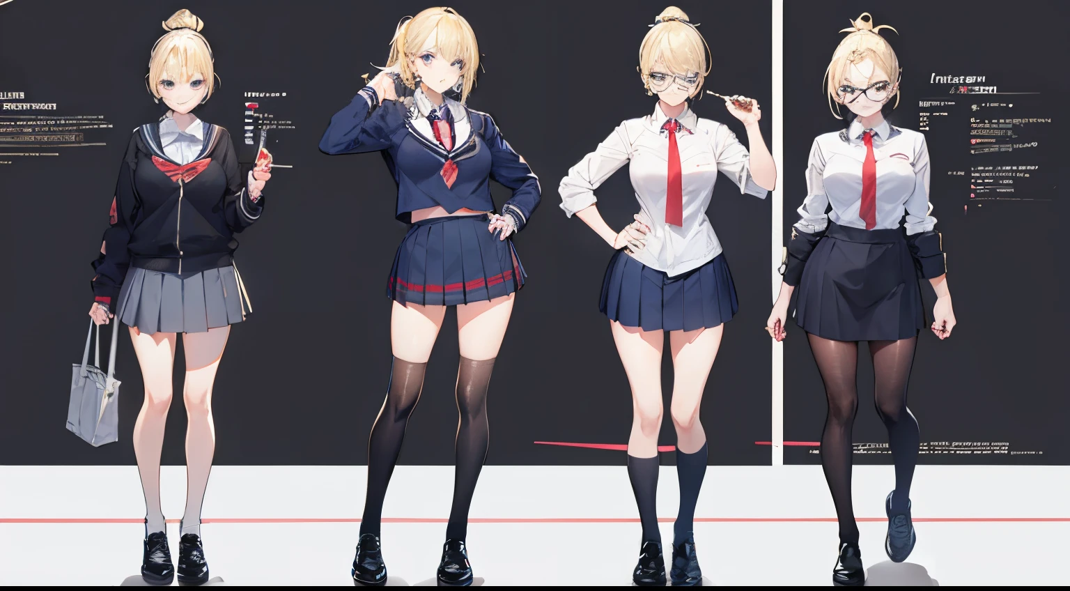 Hot blonde hair pony tail school girl with miniskirt glasses attitude full body