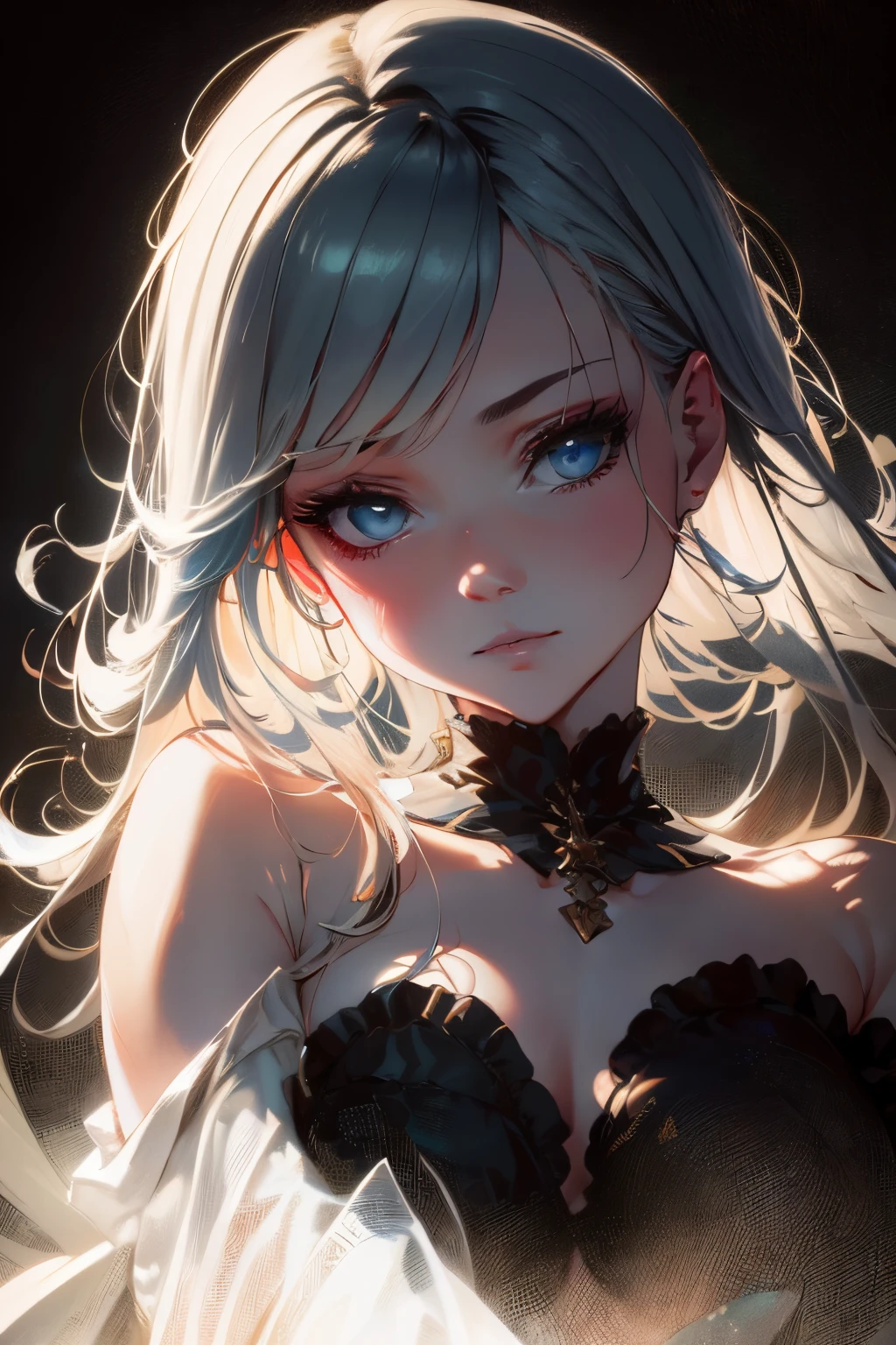 (Best Quality, masutepiece:1.2, 超A high resolution, Realistic:1.5), Raw photo, 1girl in, Off-shoulder, In the Dark, Deep Shadows, low key lighting, Cool color tones, a captivating gaze, Short hair, foggy atmosphere, mystic atmosphere, subtle highlights, dramatic contrasts, Elegant Pose, intense emotion, ethereal beauty, Enchanting darkness, enticing expression