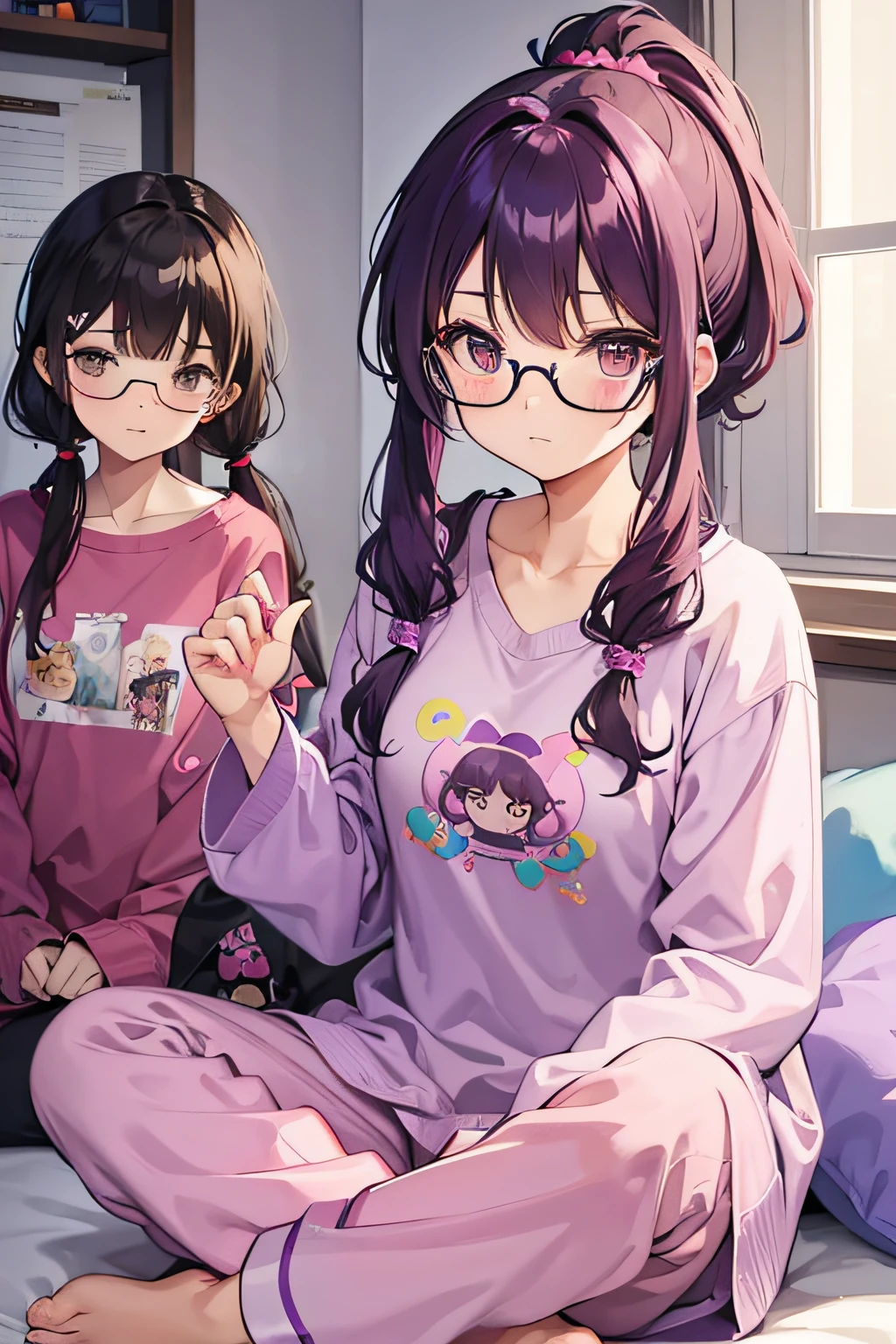 Girl with purple hair, ponytail and a girl with brown hair, pigtails and glasses, both in a pijama, sleepover, night, cute