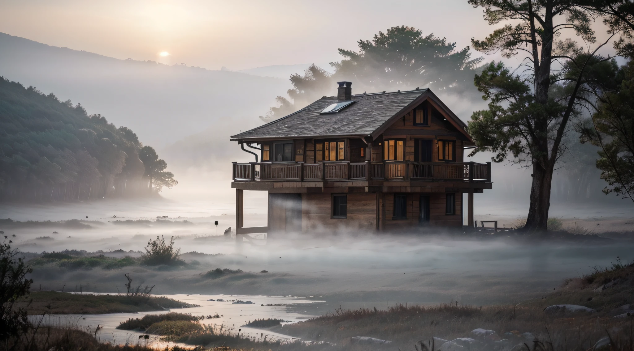 Envision a mysterious scene on a foggy evening: A charming house, its architecture revealed through the haze, perched on the edge of a mist-shrouded mountain. The house, with its inviting glow from within, stands as a beacon in the ethereal landscape. Glistening droplets of moisture cling to the edges of the roof, creating an enchanting play of light. Tall, slender trees, barely visible through the fog, surround the house, adding to the sense of seclusion and quiet beauty. The sun is setting, casting a warm, muted glow that bathes the scene in a soft, otherworldly light. Capture the allure of this hidden retreat, where the house becomes a focal point in the midst of nature's veiled elegance.