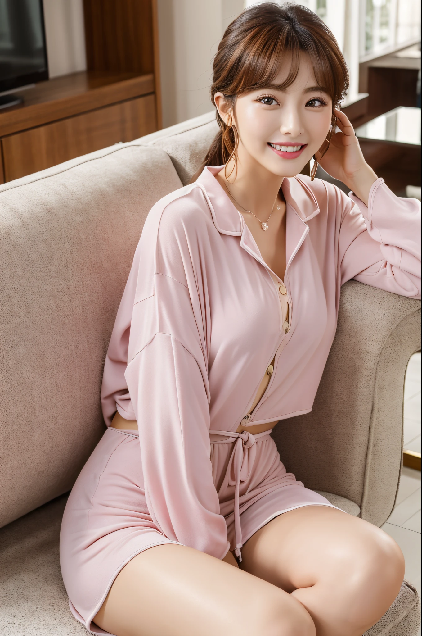 (Best Quality, 8K, Photo Realistic), 20-year-old, Medium Hair, blushing shy expression, very small bust, slender figure, Cute pink pajamas, sitting on a bed, Hands behind your back