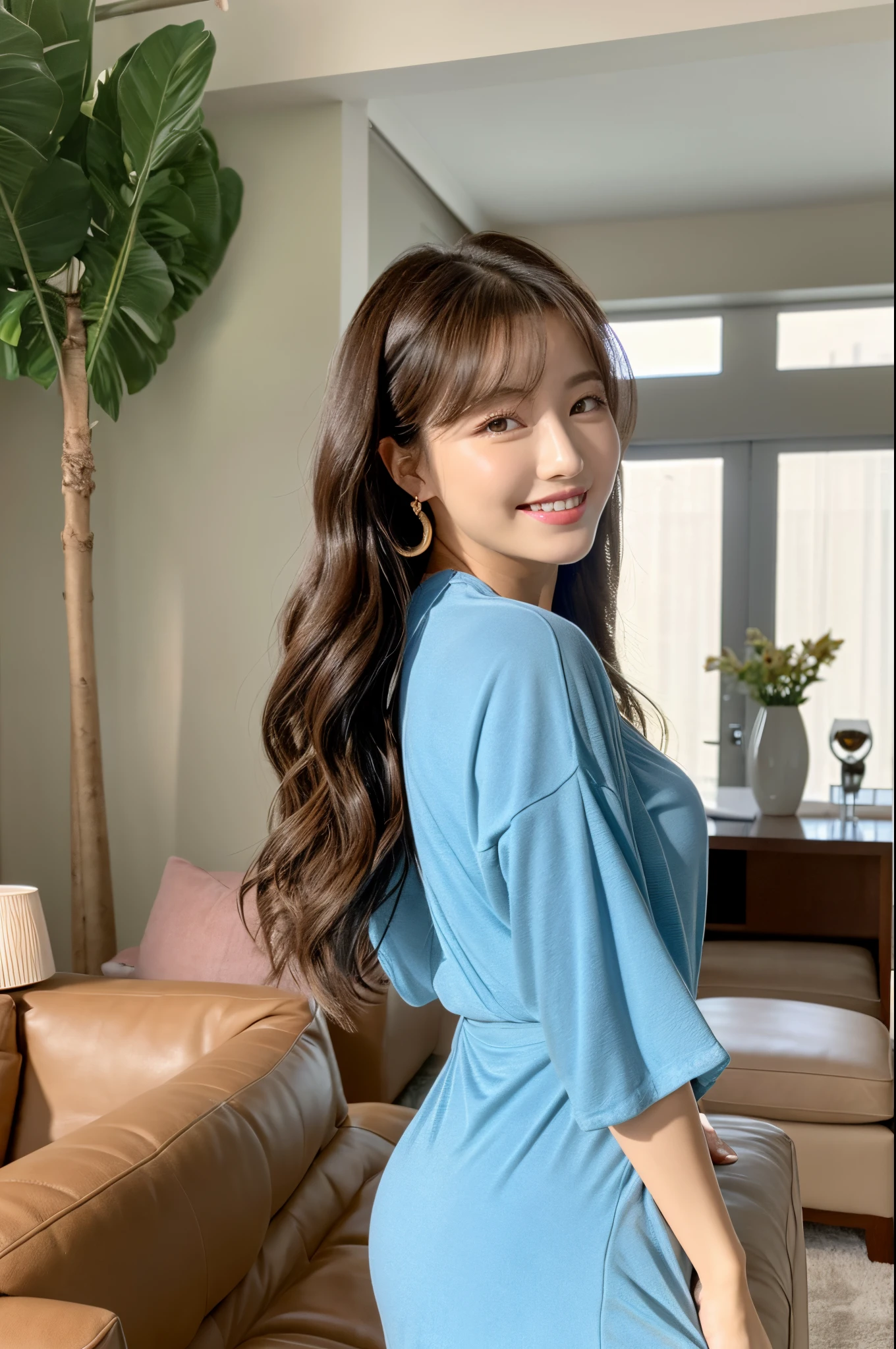 ulzzang -6500-v1.1, (Raw photo:1.2), (Photorealsitic), (Real: 1.4), Gorgeous and popular movie star actress、Sit back and relax in your private living room、In oversized loungewear、Wear sloppily、Tempting smile、