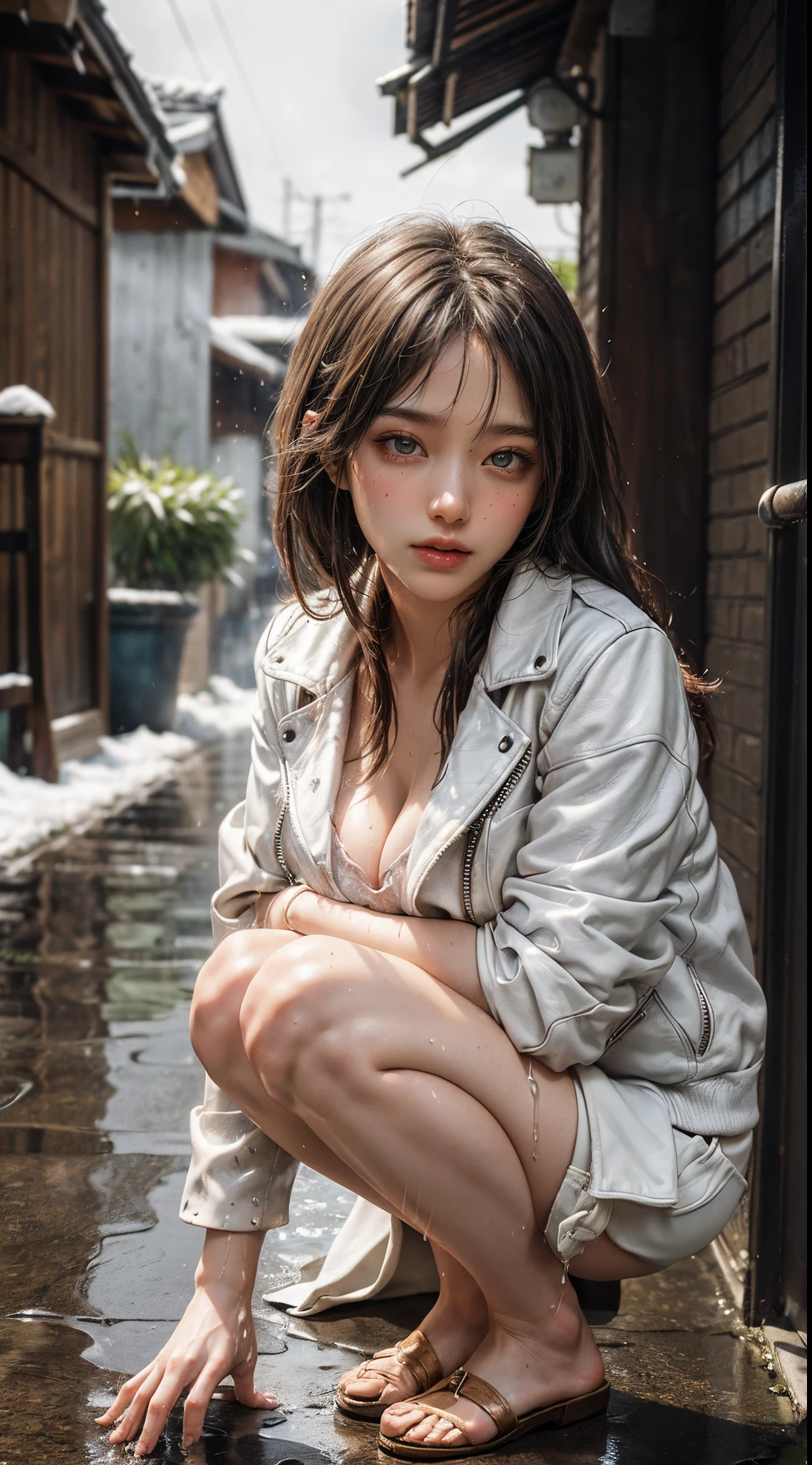 (​masterpiece:1.2、top-quality)、(Real image、intricate detailes)、(natta、murky、drenching:1.4) There is no one in the alley、The surroundings are quiet、Only raindrops are sprinkled on the tile eaves of low houses near and far、It was making a slight rustling noise。In the cold rain、(1 girl in、white leather jacket、Leather shorts、mournful、perfect  eyes:1.2)Squatting on the ground、huge tit、cleavage of the breast、beauty legs、((Bare legged))