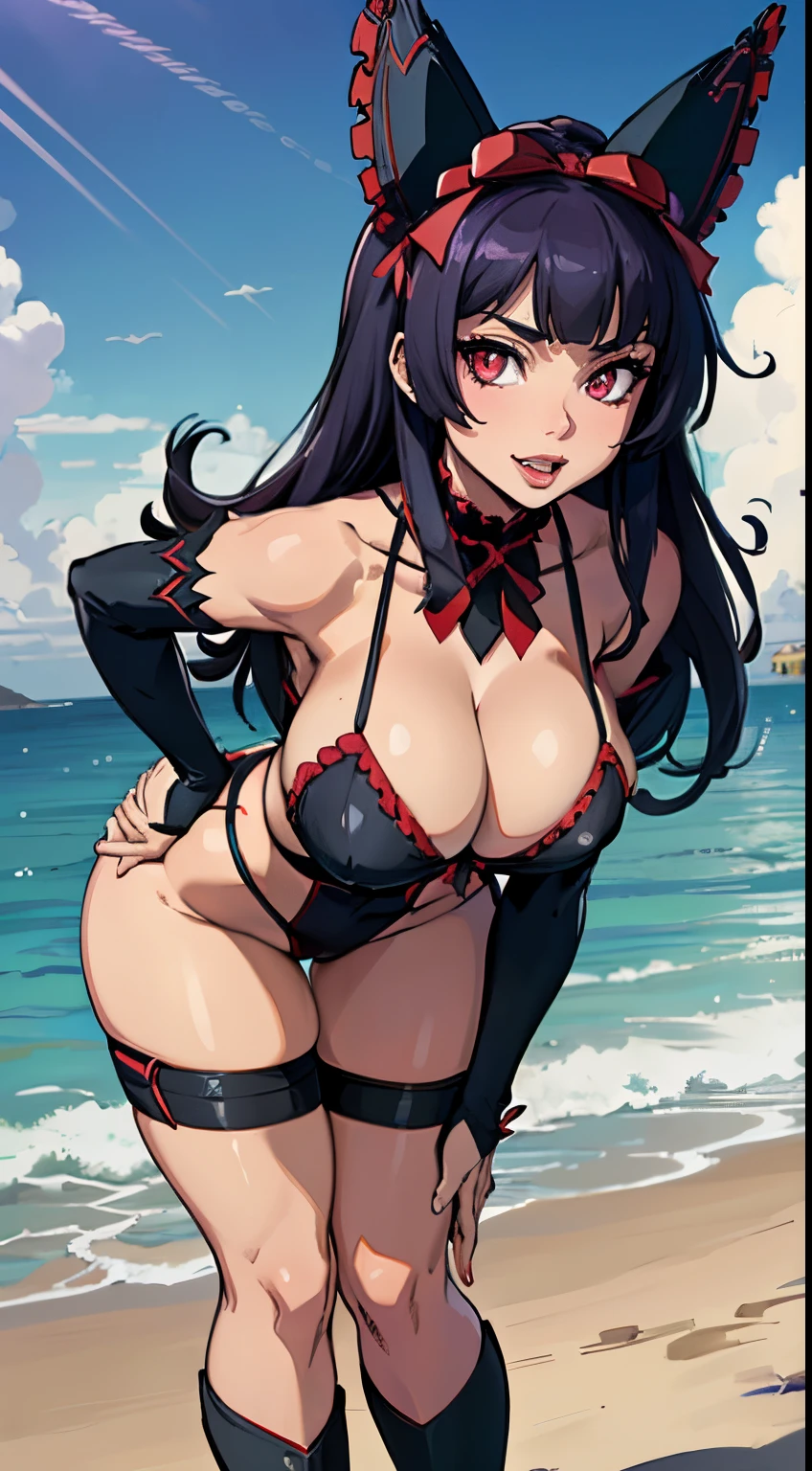 (best quality:1.3), Rory Mercury , (eye sharpness), busty, , seductive, sexy, curvy body, big ass, big boobs, (beach), (((leaning forward)))