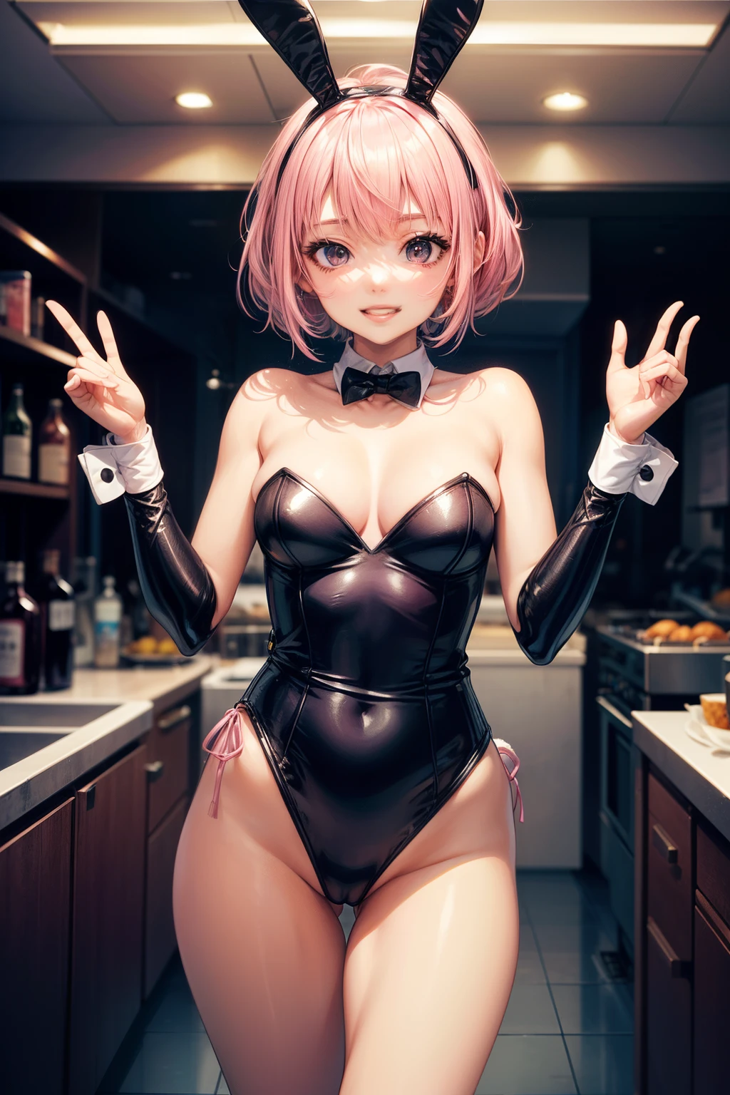 ((cyberpunked:1.5)), ((Playboy Bunny Girl Costume:1.5)), (Anime:1.5), ((The costume is made of metal:1.5)), ((In Kyoto Animation Style)), super precision, ​masterpiece, very extremely beautiful, Princess Face, ((1 girl)), ((Solo:1.5)), ((Pink hair:1.5)), ((BobKat 1.5)), BREAK, ((Black eyes)), Latex, Short hair, ((Straight hair)), BREAK, Professional Lighting, (25-years old:1.5), Narrow waist, Shiny skin, ((Oiled skin)), glistning skin, ((Looking at Viewer)), Cowboy Shot, Dynamic Pose, is looking at the camera, inside in room, Sexy, ((Jubilant look:1.5)), ((Cute)), ((Jubilant Pose)), Ultra-fine eyes, Ultra-fine face, ((thin lips:1.5)), Sexy, ((medium breasts:1.5)), (kawaii faces), Latex, highleg, Toostock, ((The face is front)),