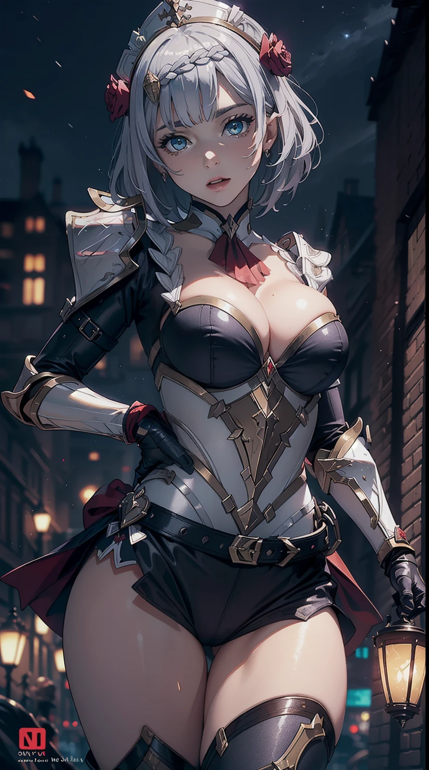 Solo, ((masterpiece)),(best quality),((ultra detailed)), (( blurry night background)), (dynamic angle),((beautiful detailed eyes), ((dynamic pose)), pretty face, ((sexy, cleavage)),((noelledef))