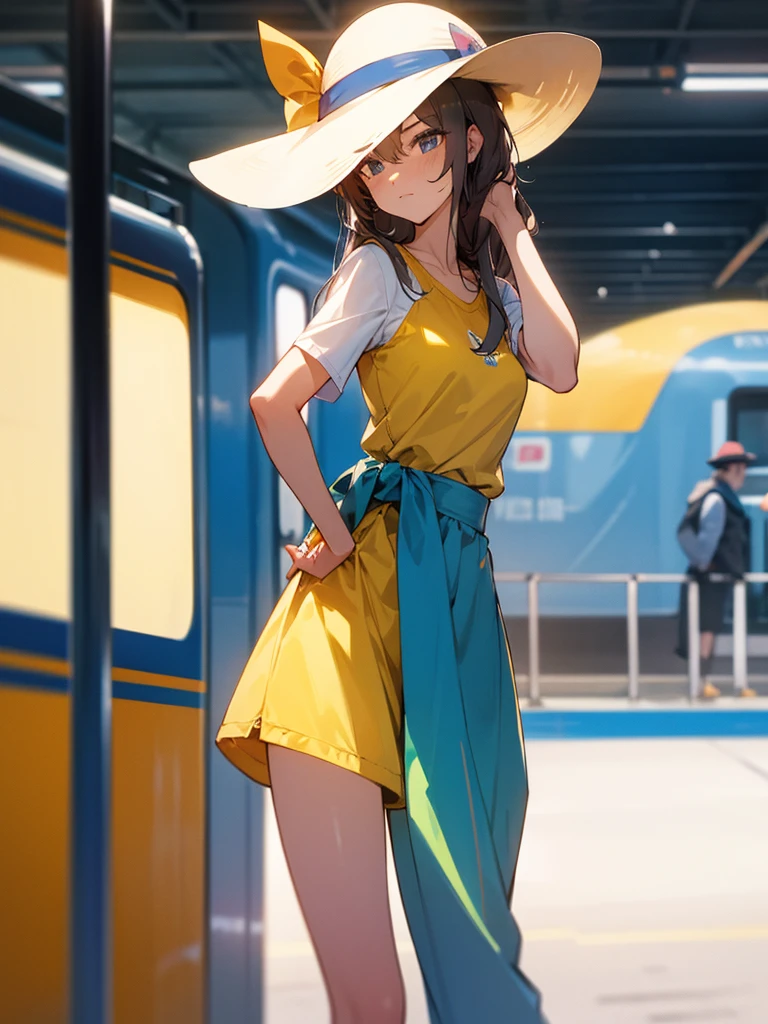 8k，Best Picture Quality，high speed train，farewell，girl standing next to train，sunhat，leisure wear