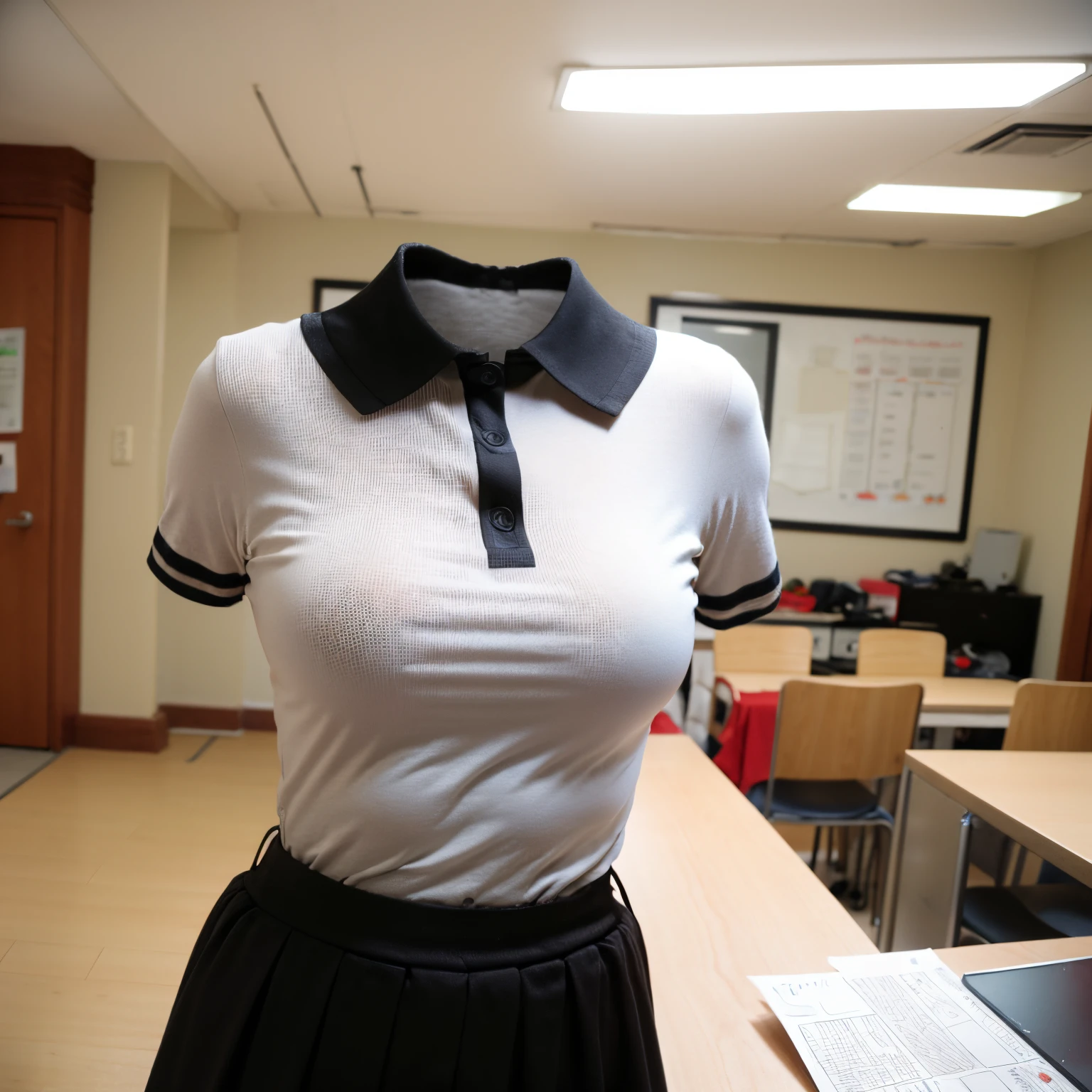chubby, fat, (see through blouse), navy blue skirt, (school uniform), classroom, (Seductive pose), (invisible:1.5, no humans:1.5, headless:1.5, faceless:1.5), (cute big breasts), (close-up shot of breasts), (8k, RAW photo, best quality, masterpiece:1.2), (realistic, photo-realistic:1.37), photon mapping, radiosity, ((Hasselblad photography)), physically-based rendering