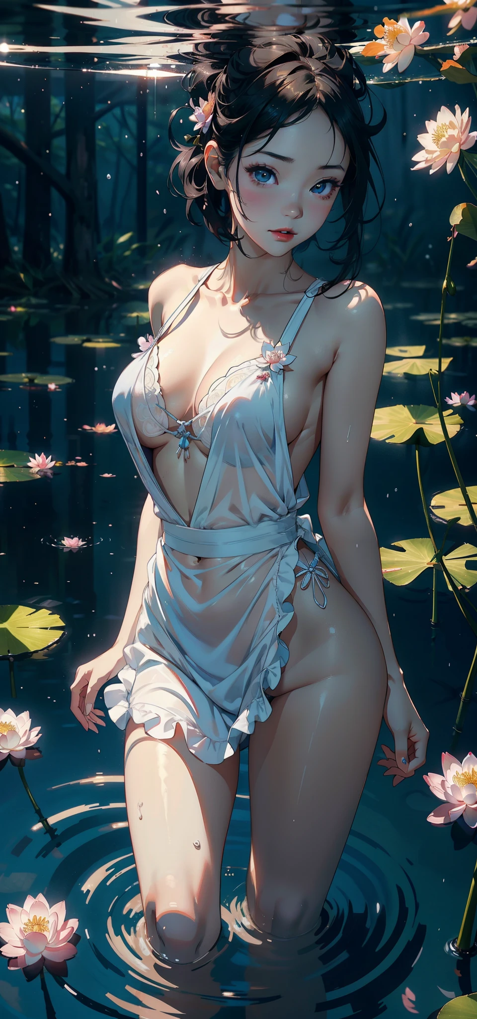 （Background with：ponds，cherry blossom forest，lotus flower）Lie underwater， She has short black hair，seen from the front，， The sky is mostly cloudy，（（（tmasterpiece），（Very detailed CG unified 8k wallpaper），Best quality，电影灯光，detailed back ground，美丽细致的眼睛，Bright pupils，黑The eye，Snow-whiteskin，Redlip（Very delicate and beautiful），（Beautiful and detailed eyes description），ultra - detailed，tmasterpiece，））facing at the camera，A high resolution，ultra - detailed），Expose breasts exposed，Bare genitals，  convex，legs are open，Raised sexy，Camel toes，longing unsatisfied，street frontage，（dressed in：，Sheer Maid Clothes。Bare bare ，aprons）