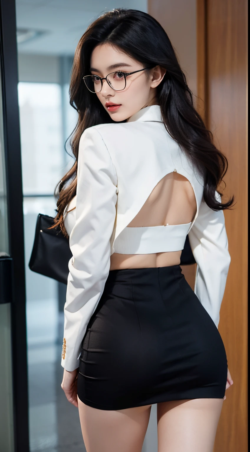 1Girl, femele, perfect body proportions, perfect faces, appealing, Masterpiece, beautiful detail, Best Quality, long wavy black hair, Office uniform, cleavage, Glasses, Tight pencil skirt, Beautiful Thighs, Unbuttoned jacket, large full breasts, smooth white skin, beautiful buttocks, view from behind