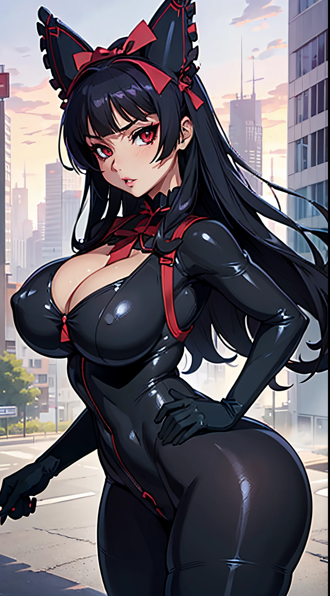 (best quality:1.3), Rory Mercury , (eye sharpness), busty, , seductive, sexy, curvy body, big ass, big boobs, ((body suit)), ((city))