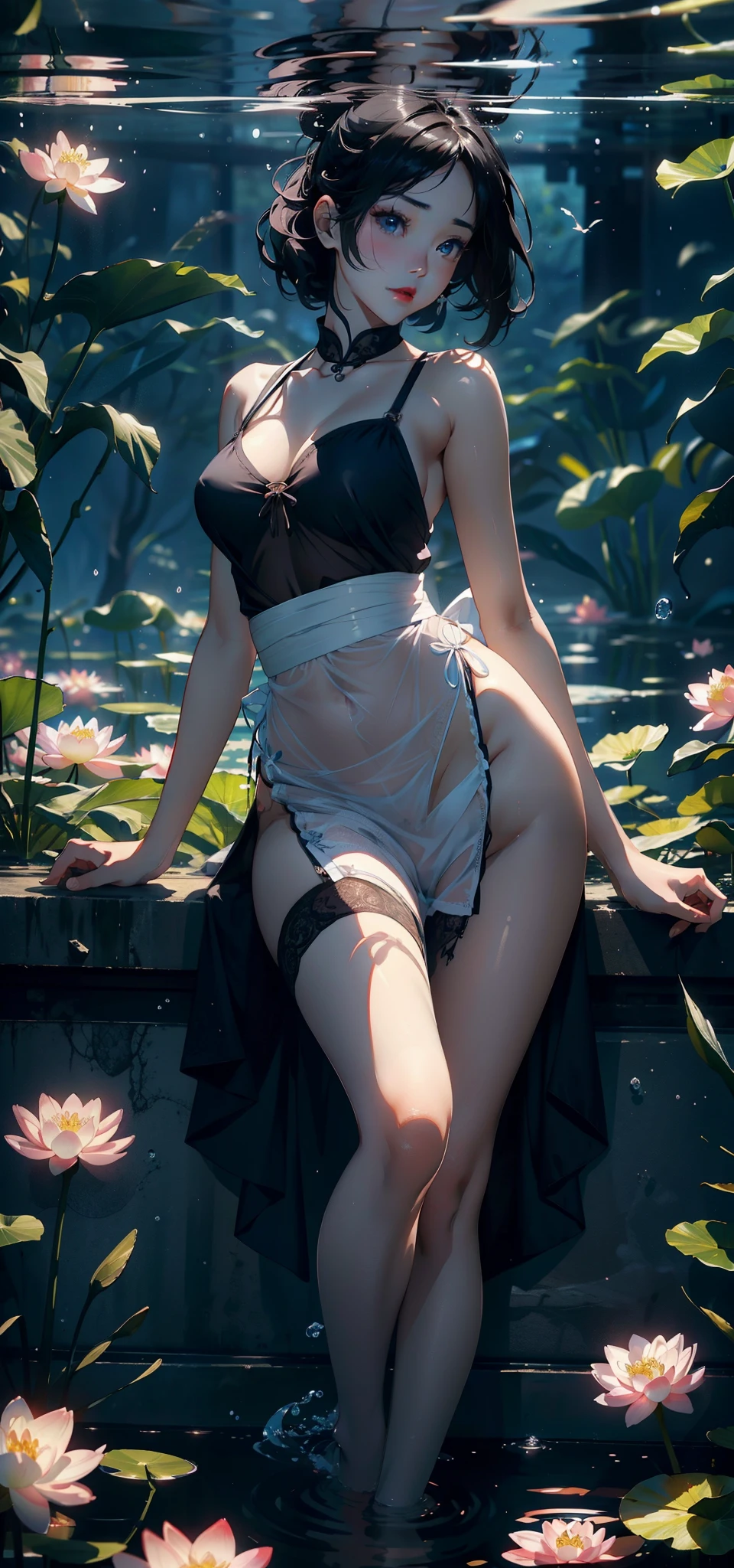 (Background with:ponds,cherry blossom forest,lotus flower)Lie underwater, She has short black hair,seen from the front,, The sky is mostly cloudy,(((tmasterpiece),(Very detailed CG unified 8k wallpaper),Best quality,电影灯光,detailed back ground,美丽细致的眼睛,Bright pupils,黑The eye,Snow-whiteskin,Redlip(Very delicate and beautiful),(Beautiful and detailed eyes description),ultra - detailed,tmasterpiece,))facing at the camera,A high resolution,ultra - detailed),Expose breasts exposed,Bare genitals, convex,legs are open,Raised sexy,Camel toes,longing unsatisfied,street frontage,(dressed in:,Sheer Maid Clothes。Bare bare ,aprons)